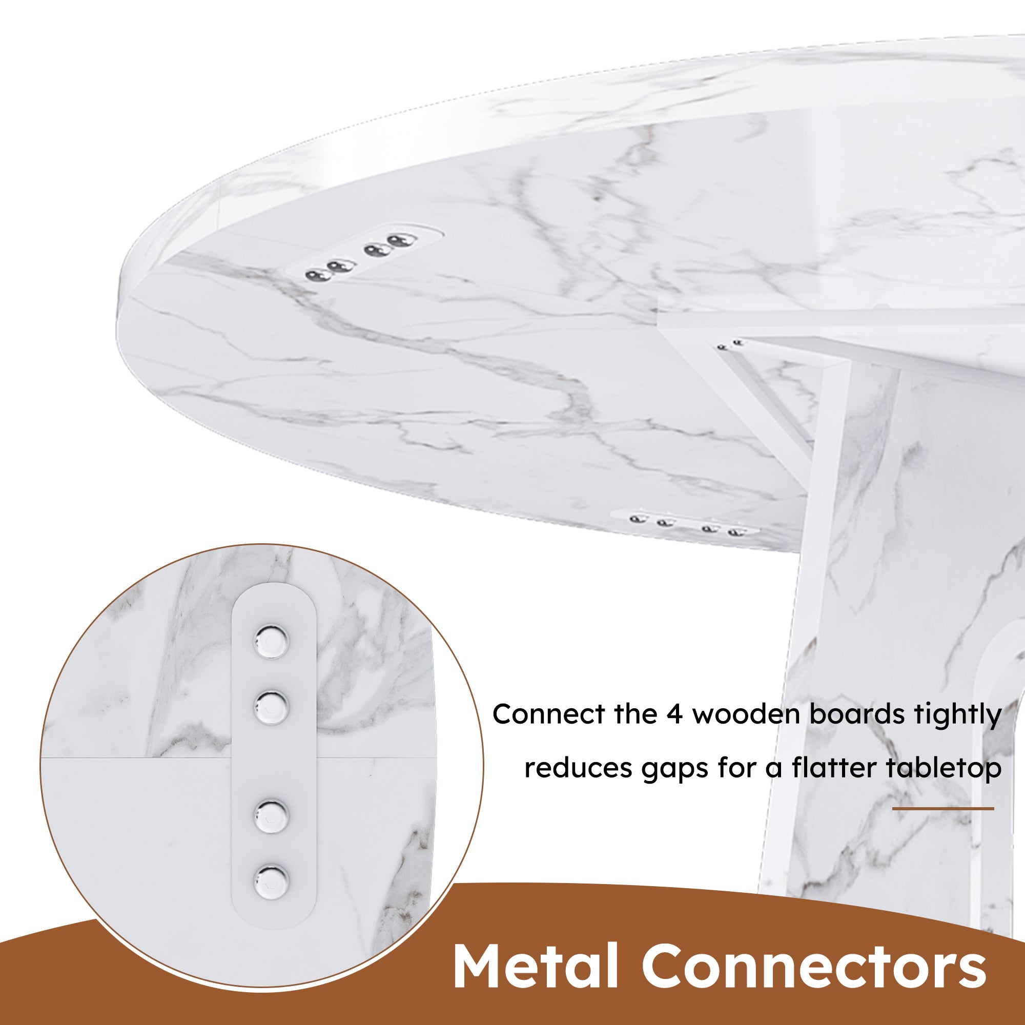 Feature graphic showing the metal connector plate joining the boards under the marble tabletop