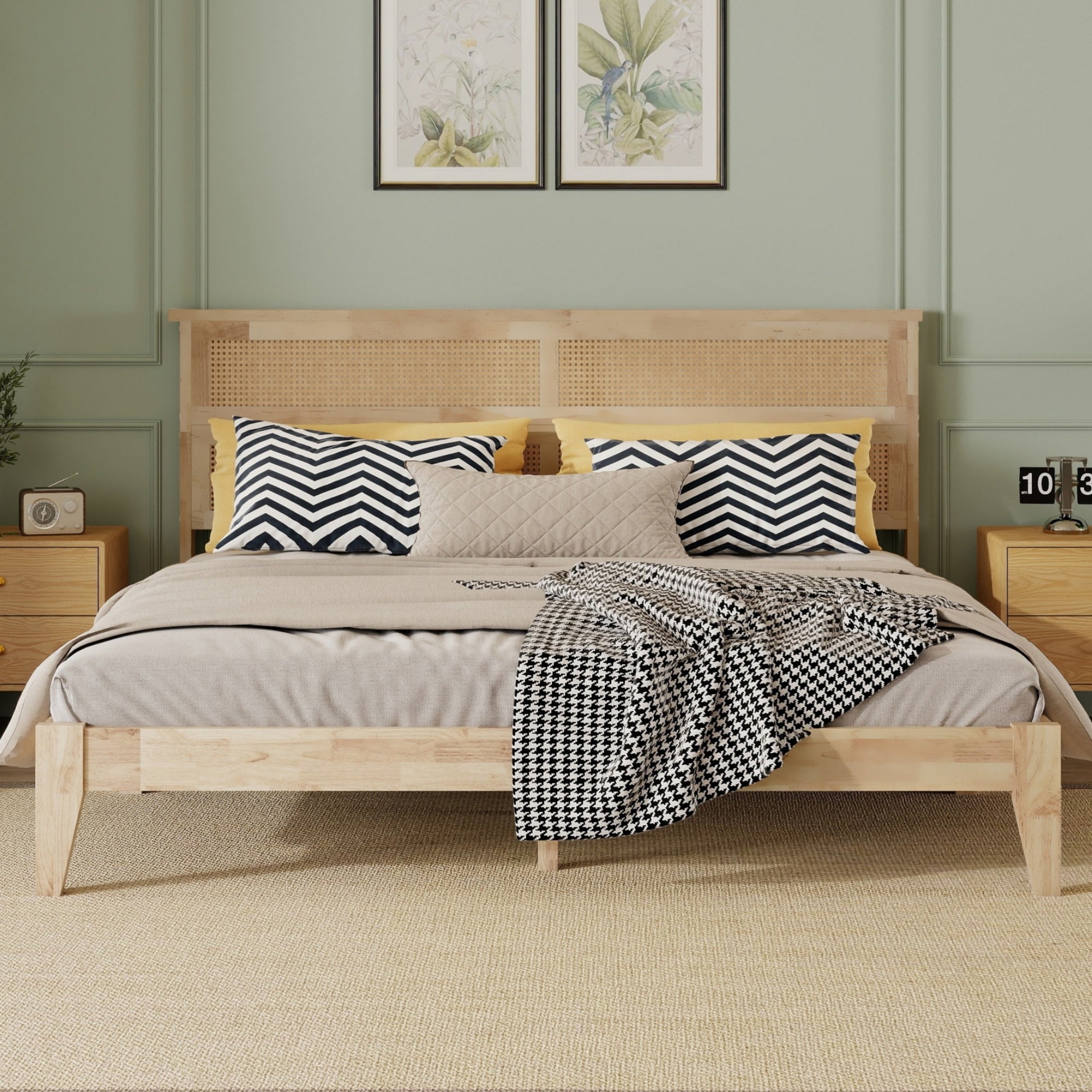 King Bed Frame with Woven Rattan Headboard, Natural