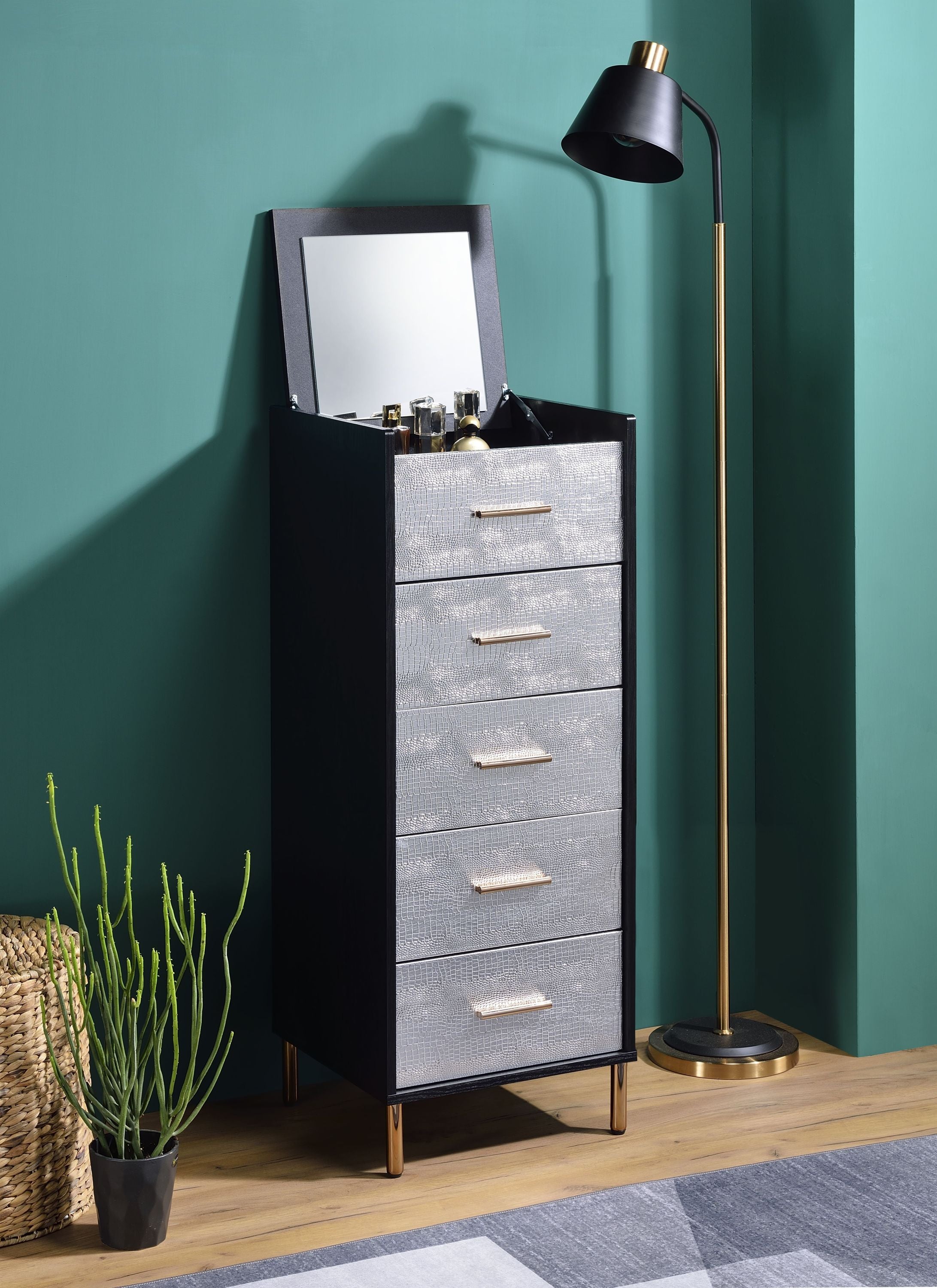 Black Jewelry Armoire with Mirror and Drawers, Metal Legs