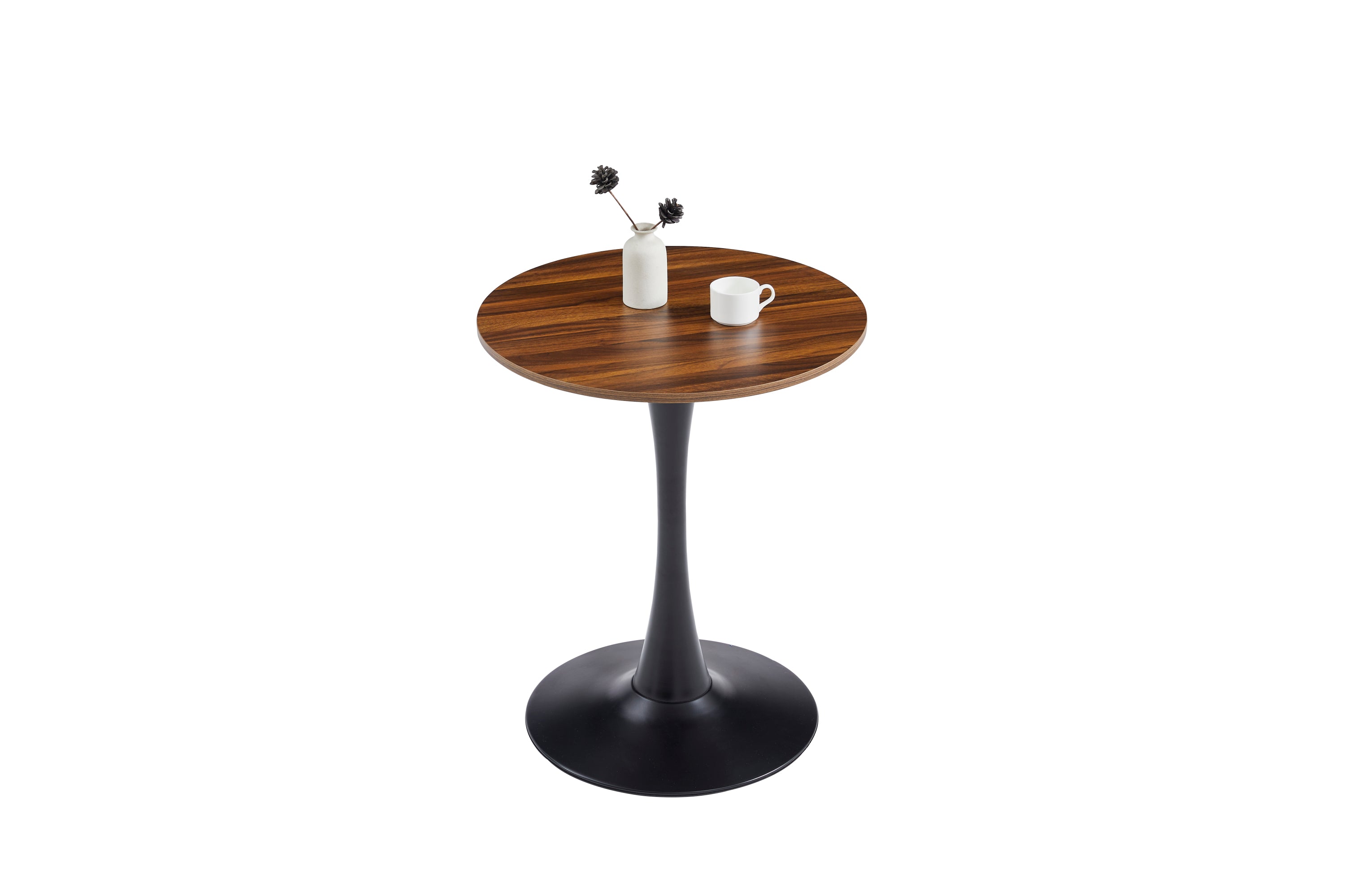 Three-quarter studio view of dark wood-grain round bistro table with vase and cup on top