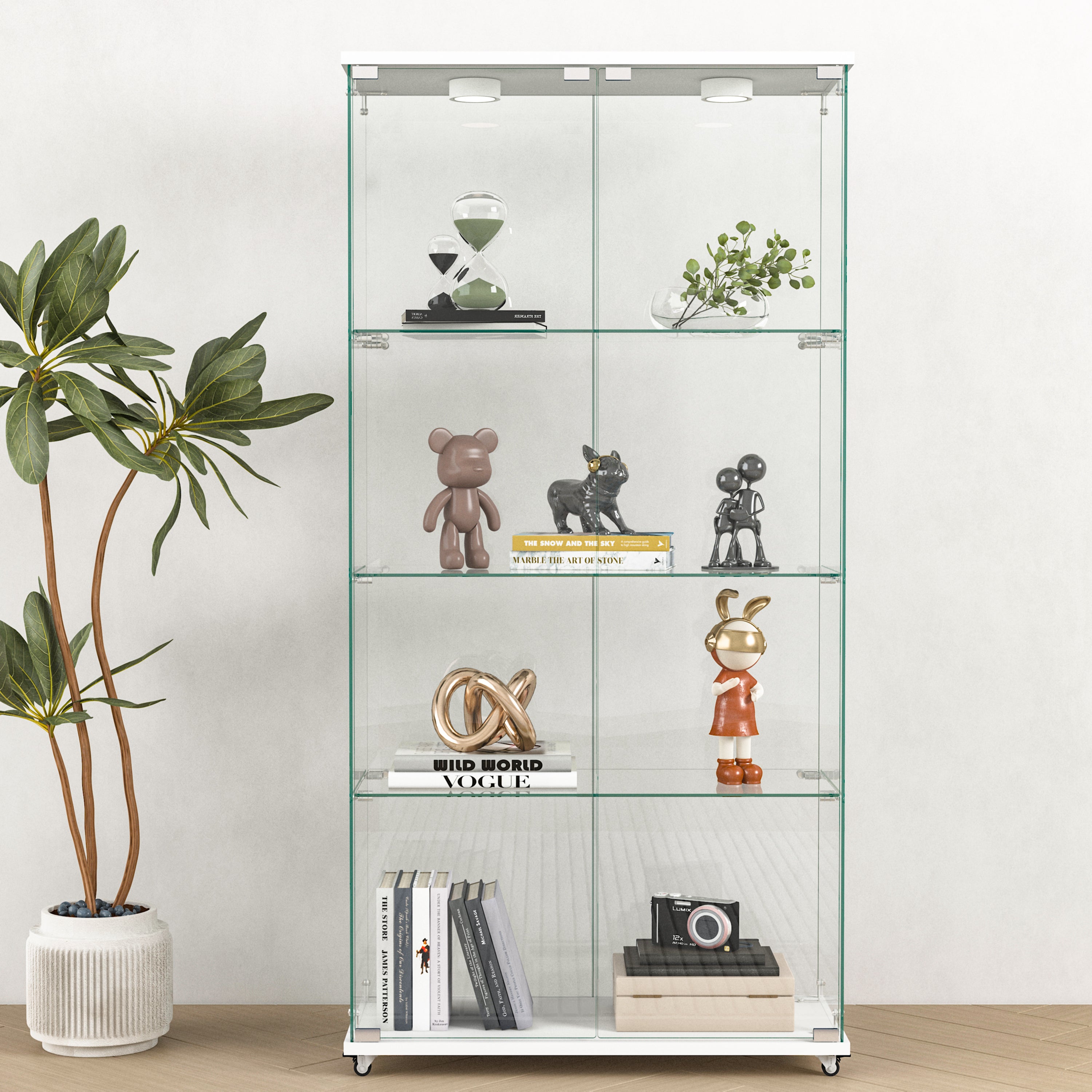 Modern Bookcase with Doors and LED Lighting, 32.1 in, Tempered Glass