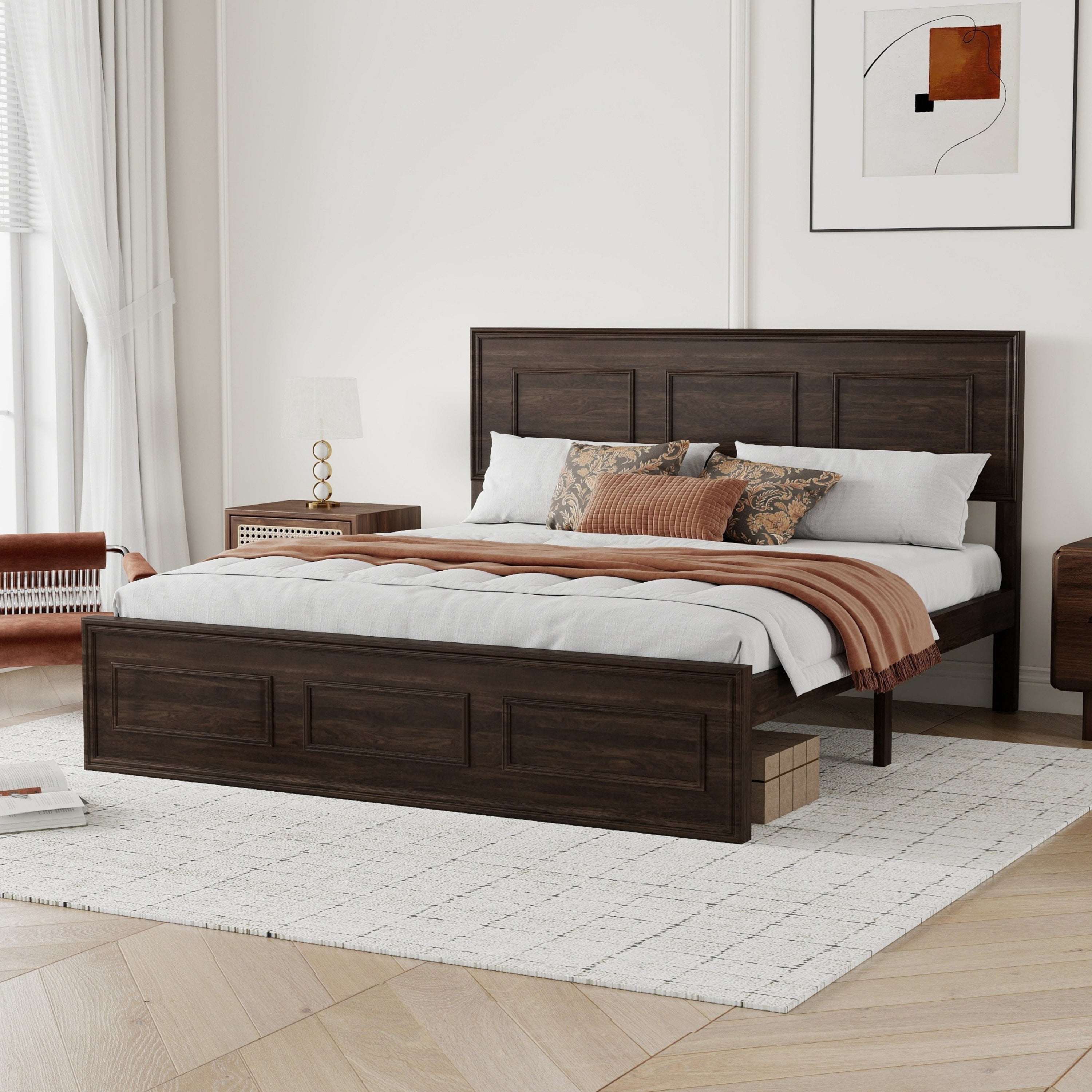 Angled view of rich brown queen panel bed with rust throw, nightstands and accent chair #Color_Rich Brown