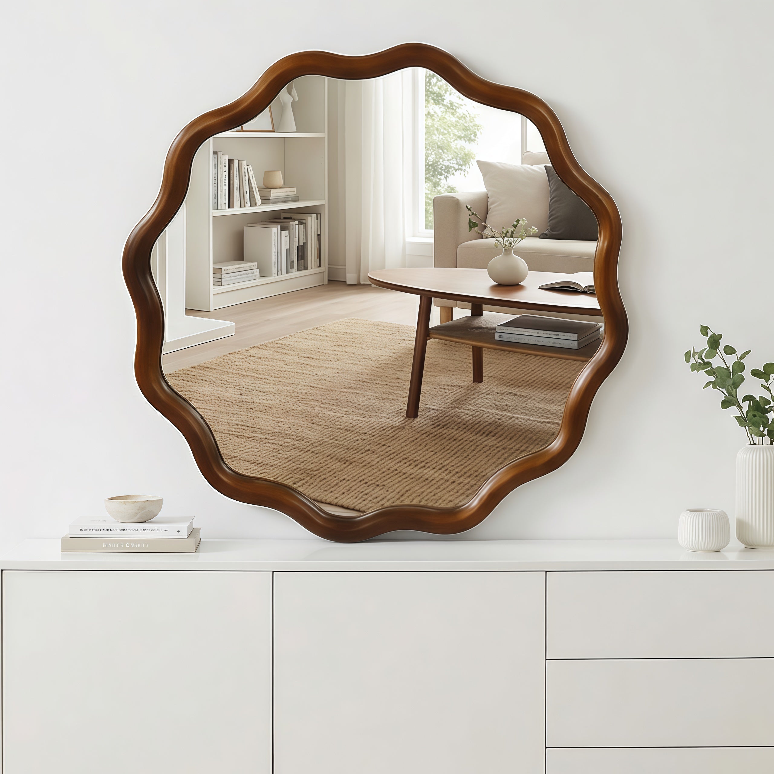 30 Inch Wavy Mirror, Black Walnut Solid Wood Frame