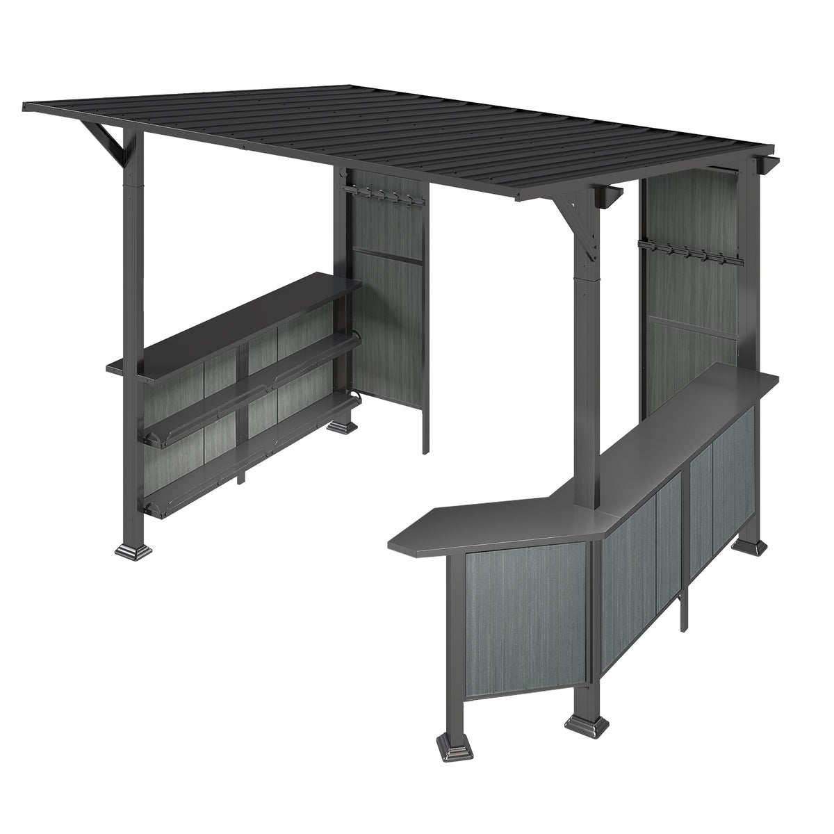 9x10 ft Gray Metal Hardtop Gazebo with Side Shelves