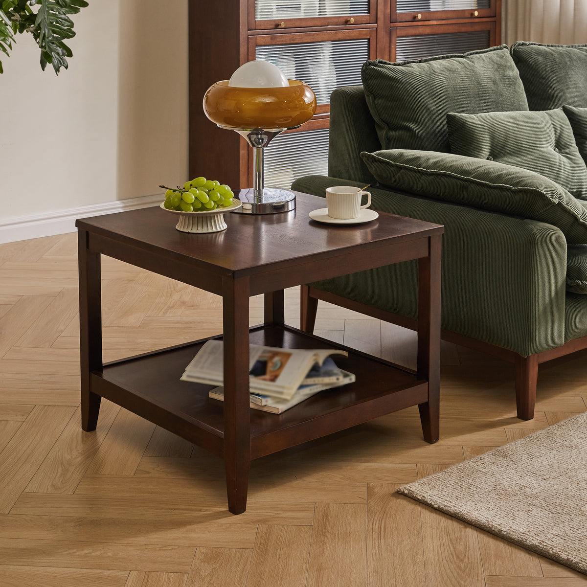 Walnut Solid Wood Square Side Table with Storage, 23.6 in, 2 Shelves