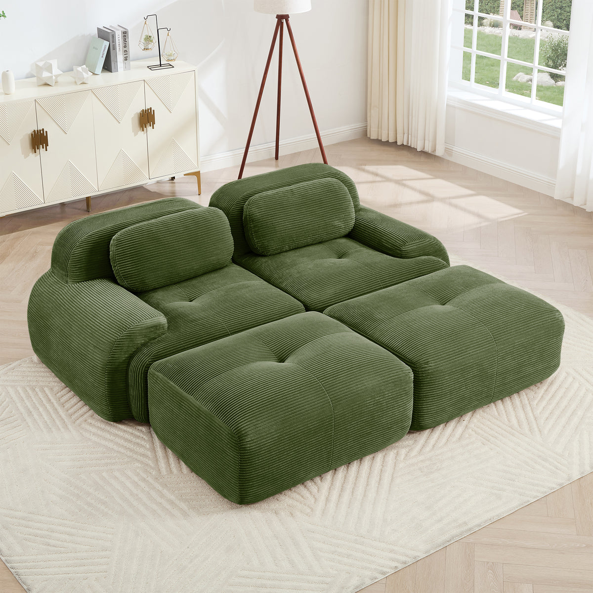 Olive Green Corduroy Modular 2-Seat Curved Sofa