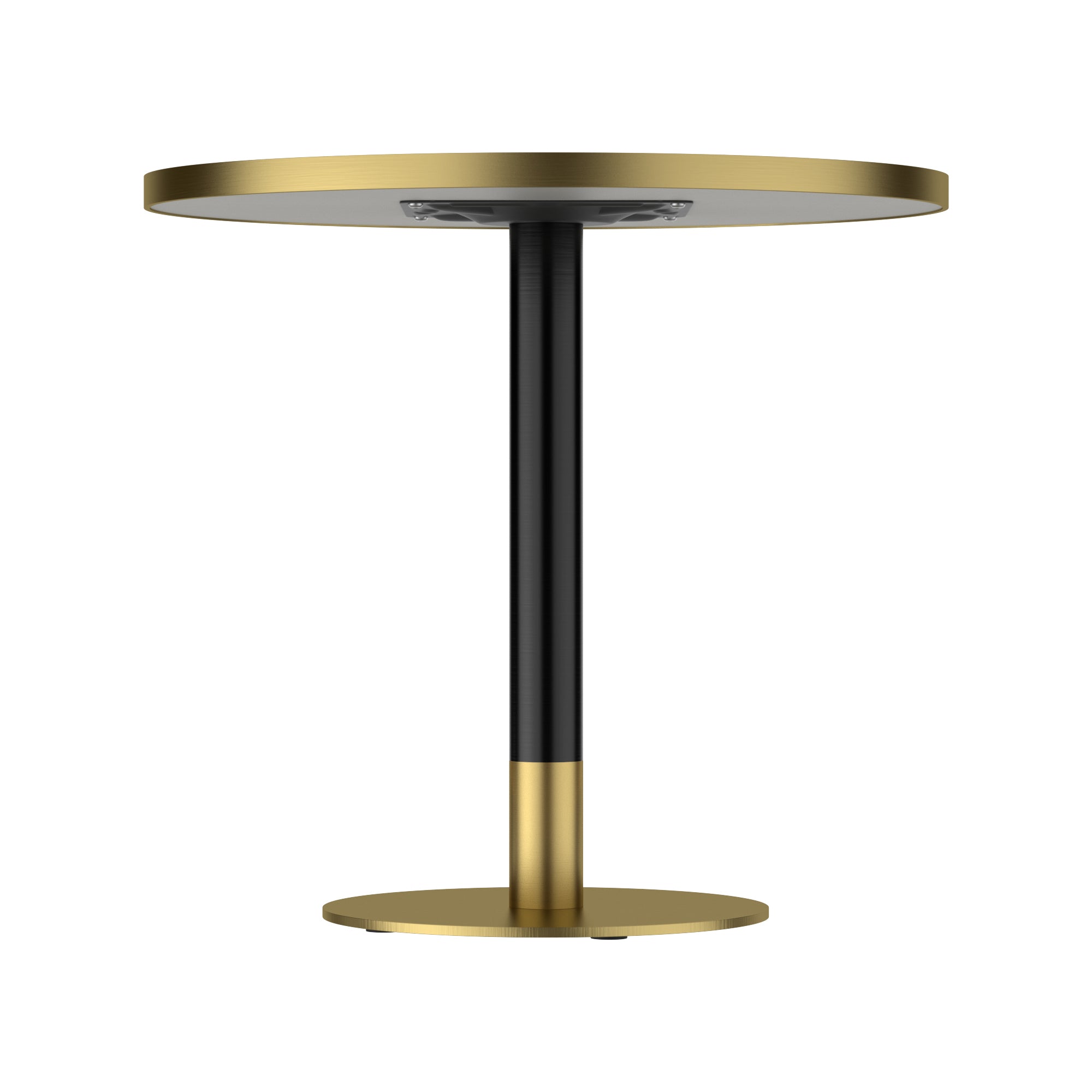 Front studio view of the round dining table showing the underside mounting bracket and black pedestal column