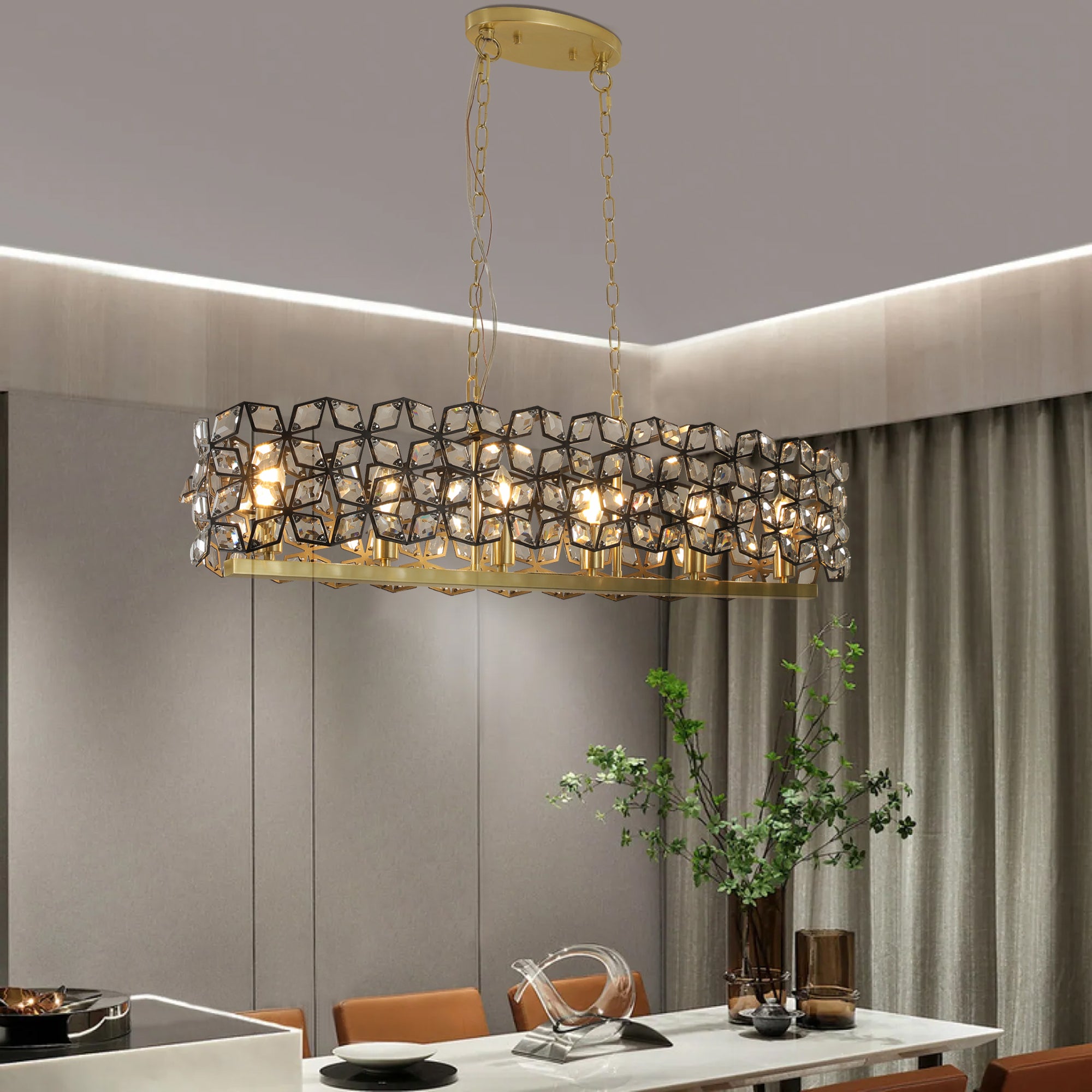 Chandelier, 6-Light Crystal Linear Fixture, Black and Gold