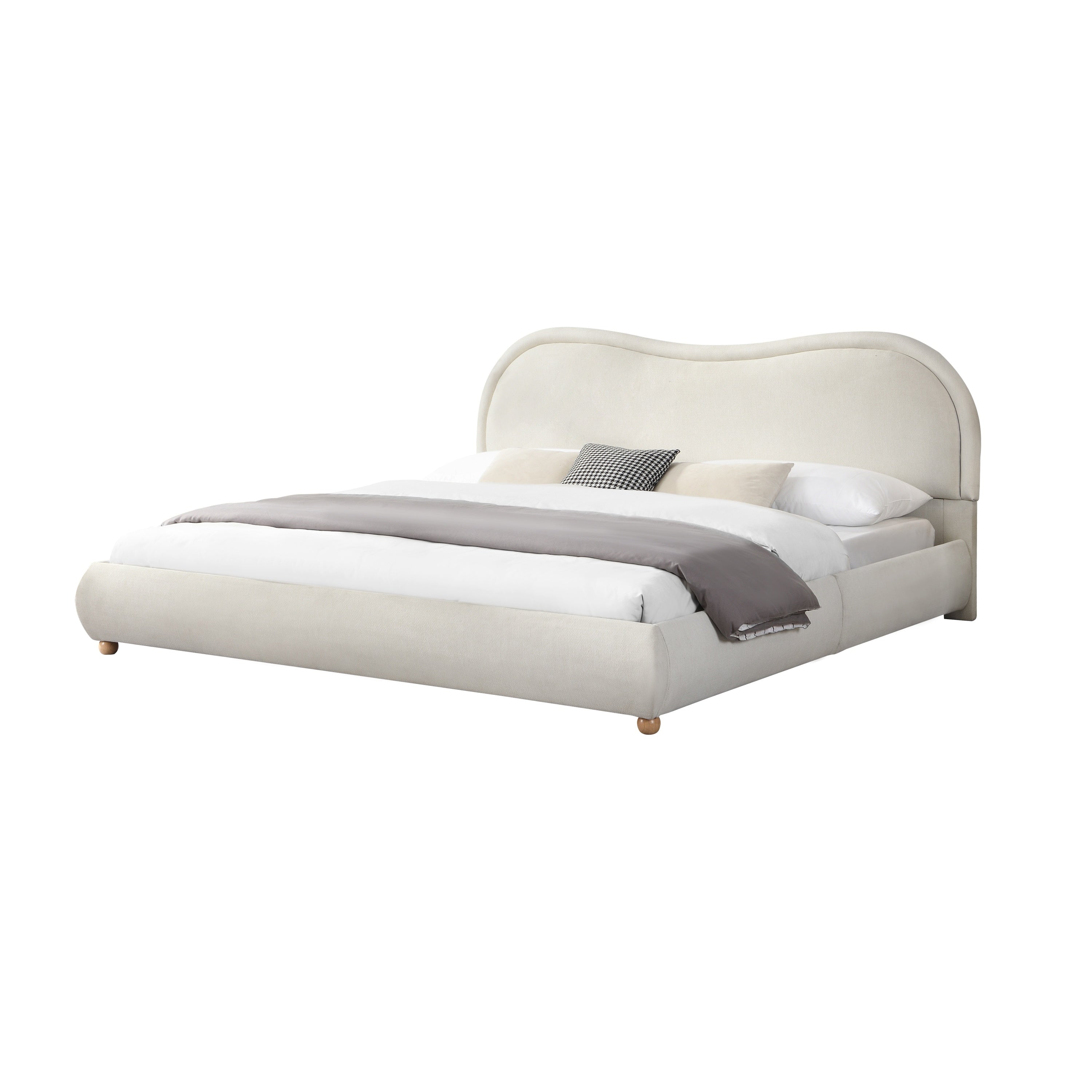 Beige king platform bed frame viewed from the side, low profile silhouette