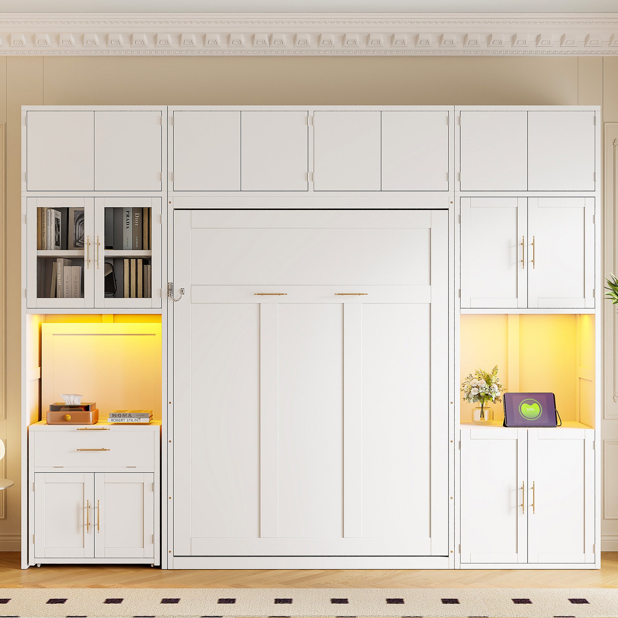 Murphy Bed with Desk, Glass-Door Hutch & LED Shelves, White