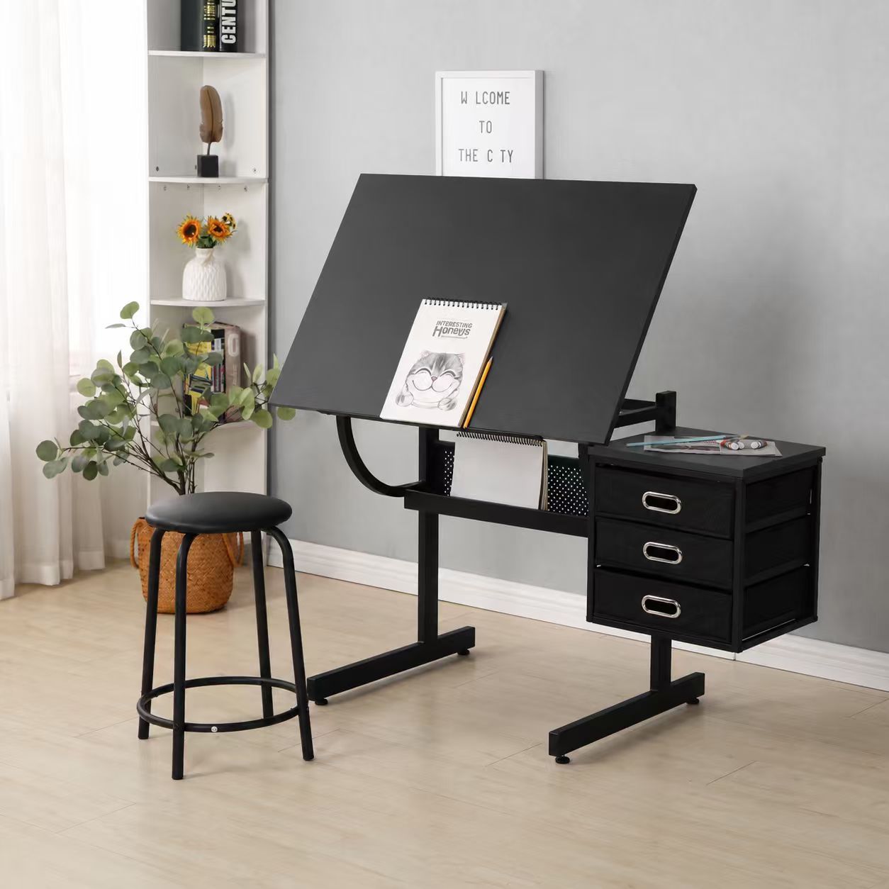 Drafting Table, 45.3 in, Black, 30 in Tall