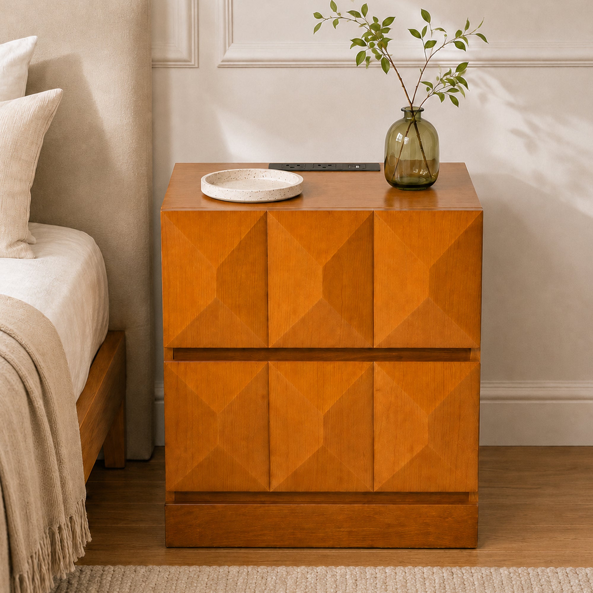 Natural Wood Nightstand with Charging Station, 21.65 in