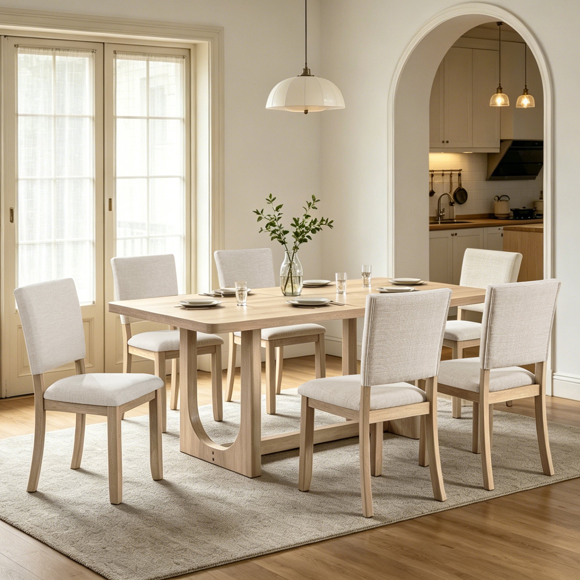 7-Piece Dining Set for 6, 68-Inch Light Oak Table and 6 Linen Chairs
