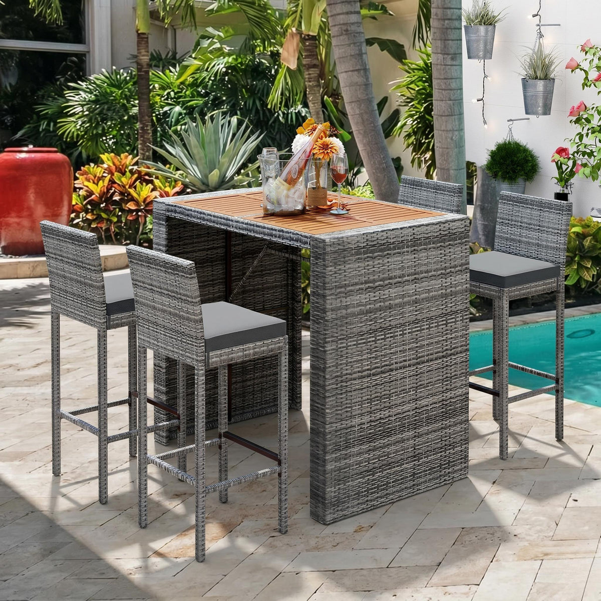 Gray Wicker 5-Piece Outdoor Bar Set with Cushions