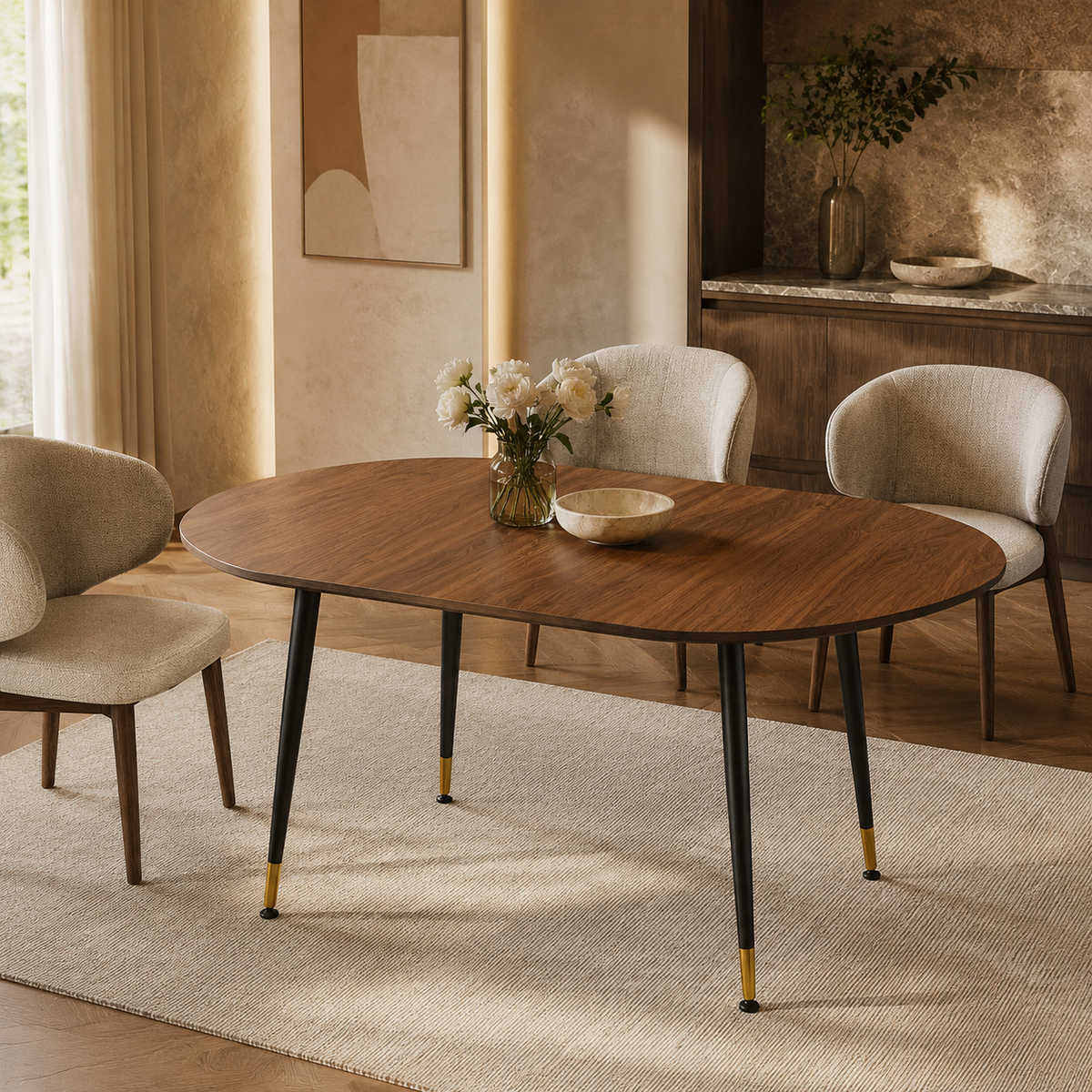 Walnut Oval Extendable Dining Table, Black Legs - Seats 6-10