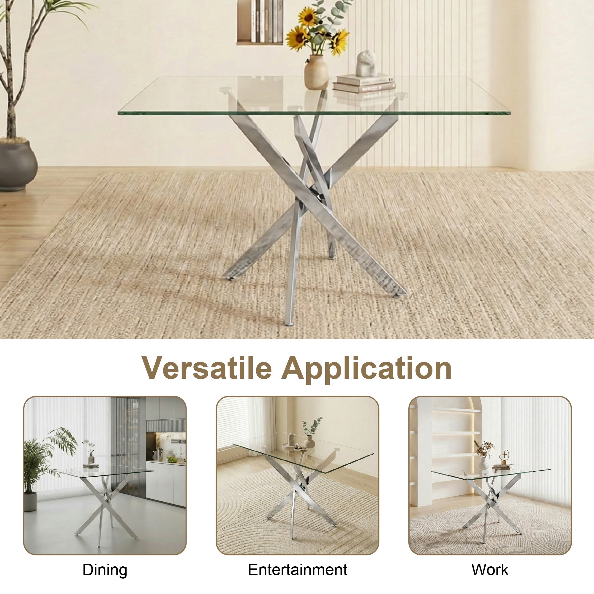 Feature graphic showing the silver-leg glass table used for dining, entertainment and work