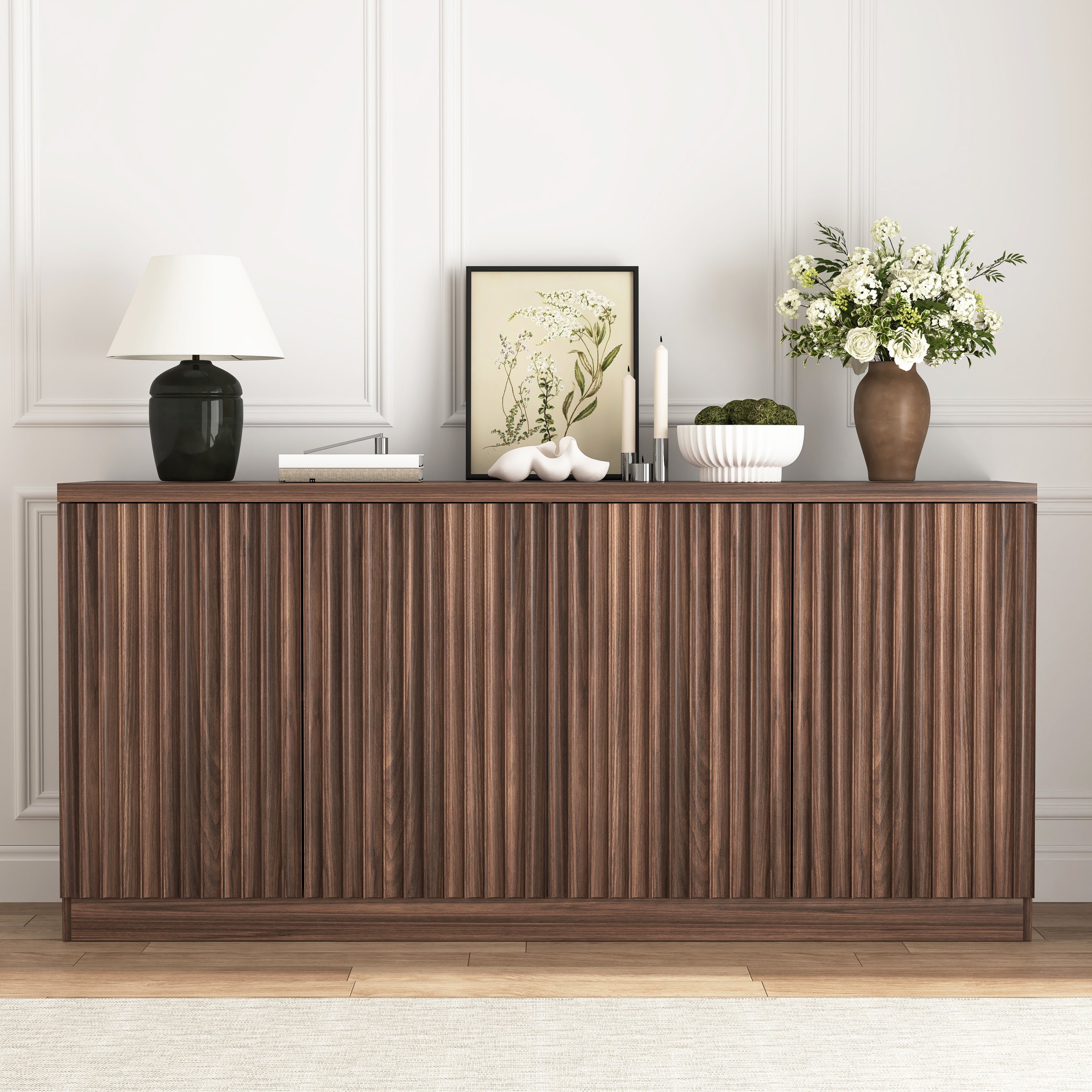 Walnut Fluted Sideboard Buffet Cabinet, 62 in, 4 Doors & Shelves