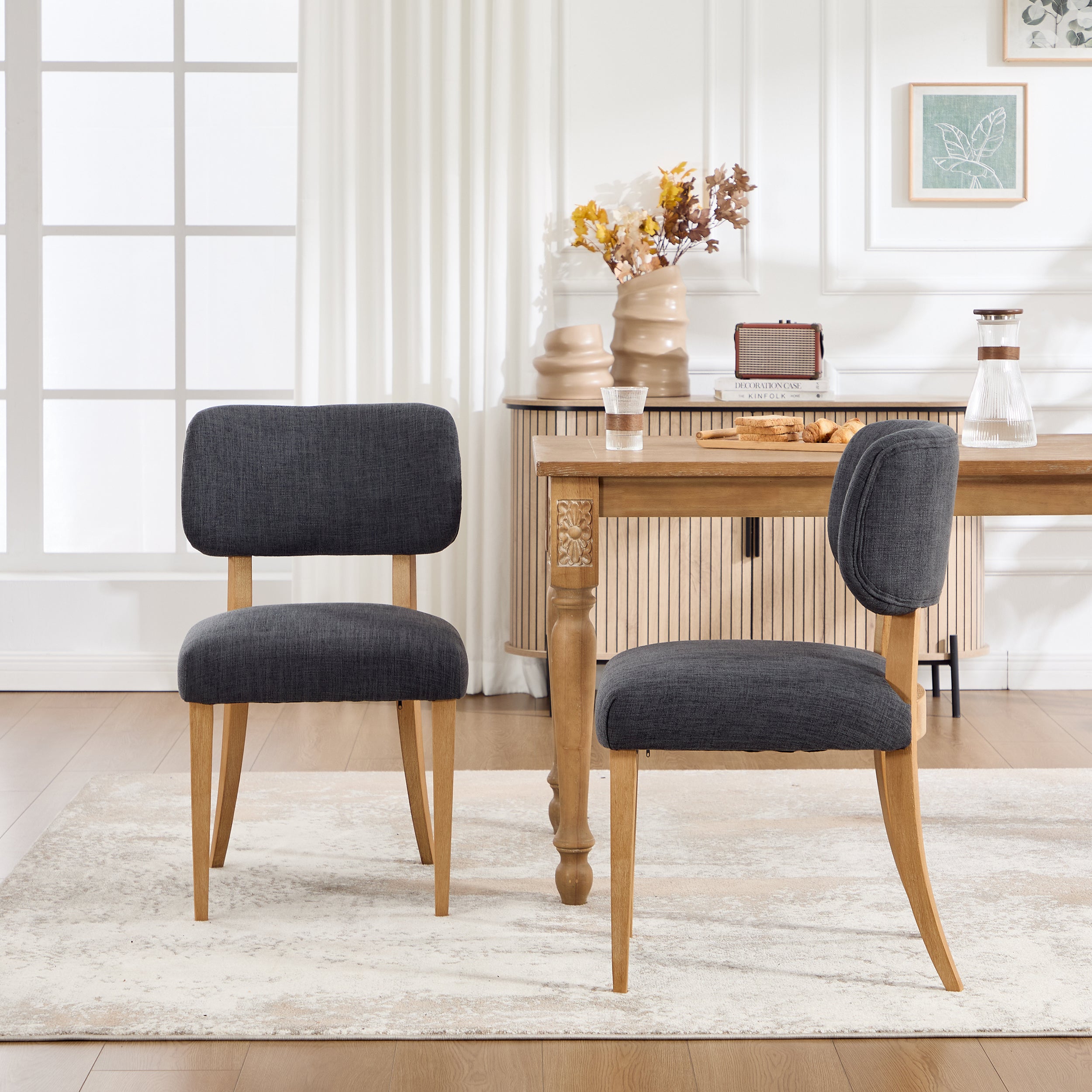 Mid-Century Dining Chairs Set of 2, Grey Fabric, Wood Legs