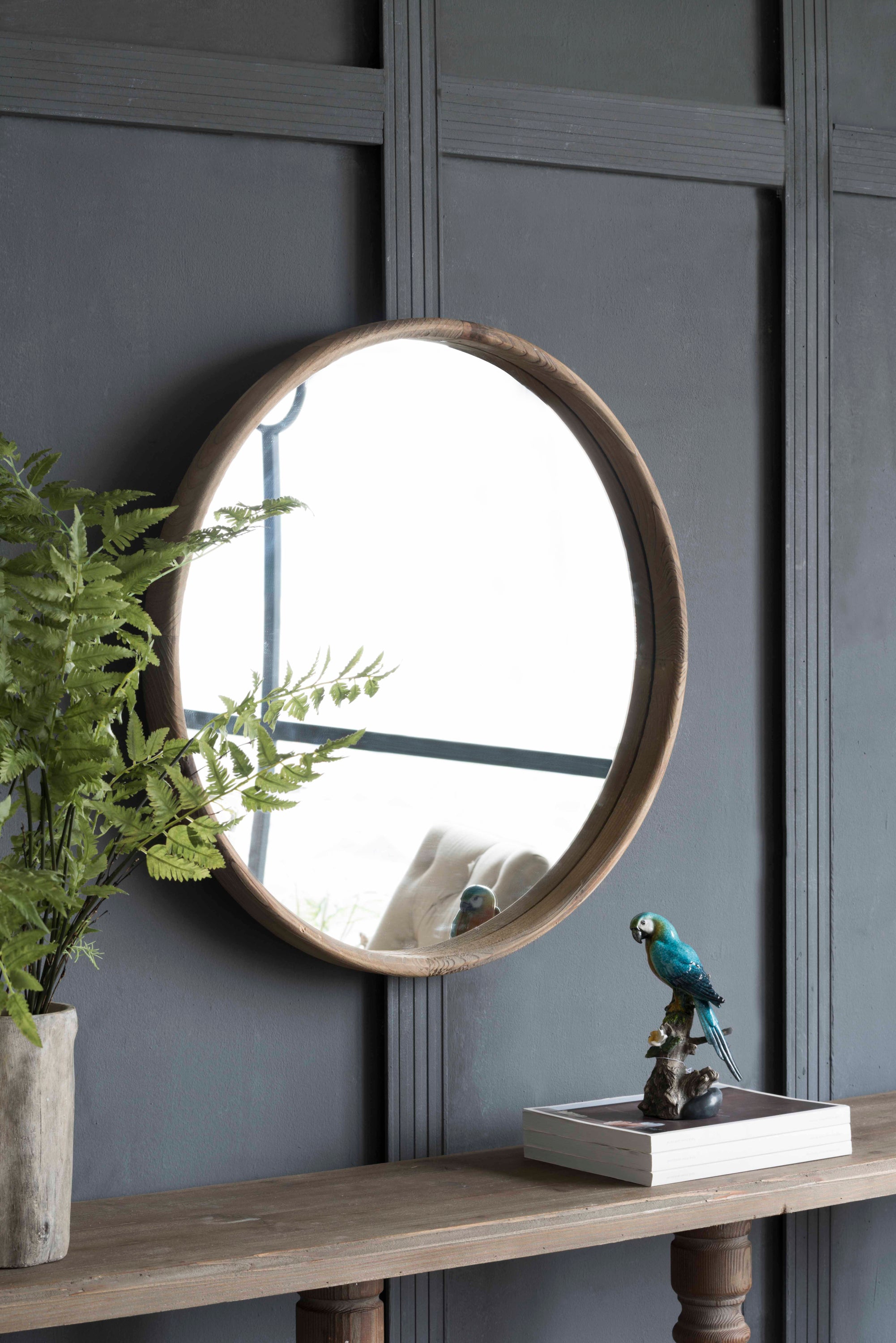 Round Wood Mirror, 27.5 Inch Wall Mounted, Brown
