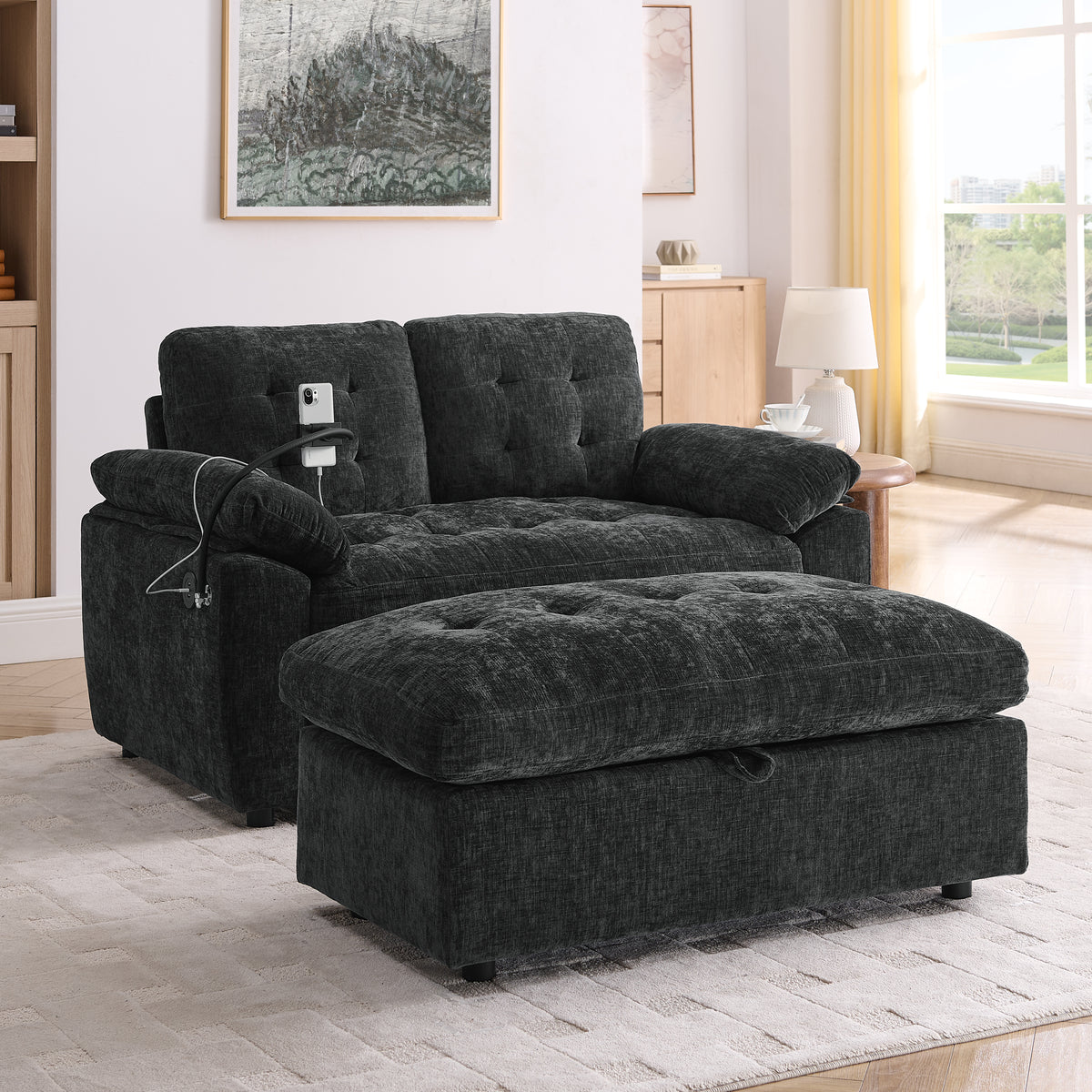 Black Chenille Recliner, USB Charging, Double Seat