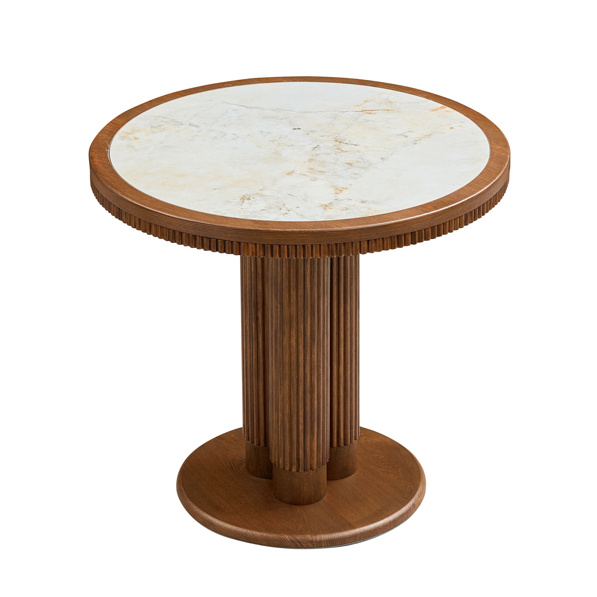 Round walnut dining table with white sintered stone top and fluted column, alone on white