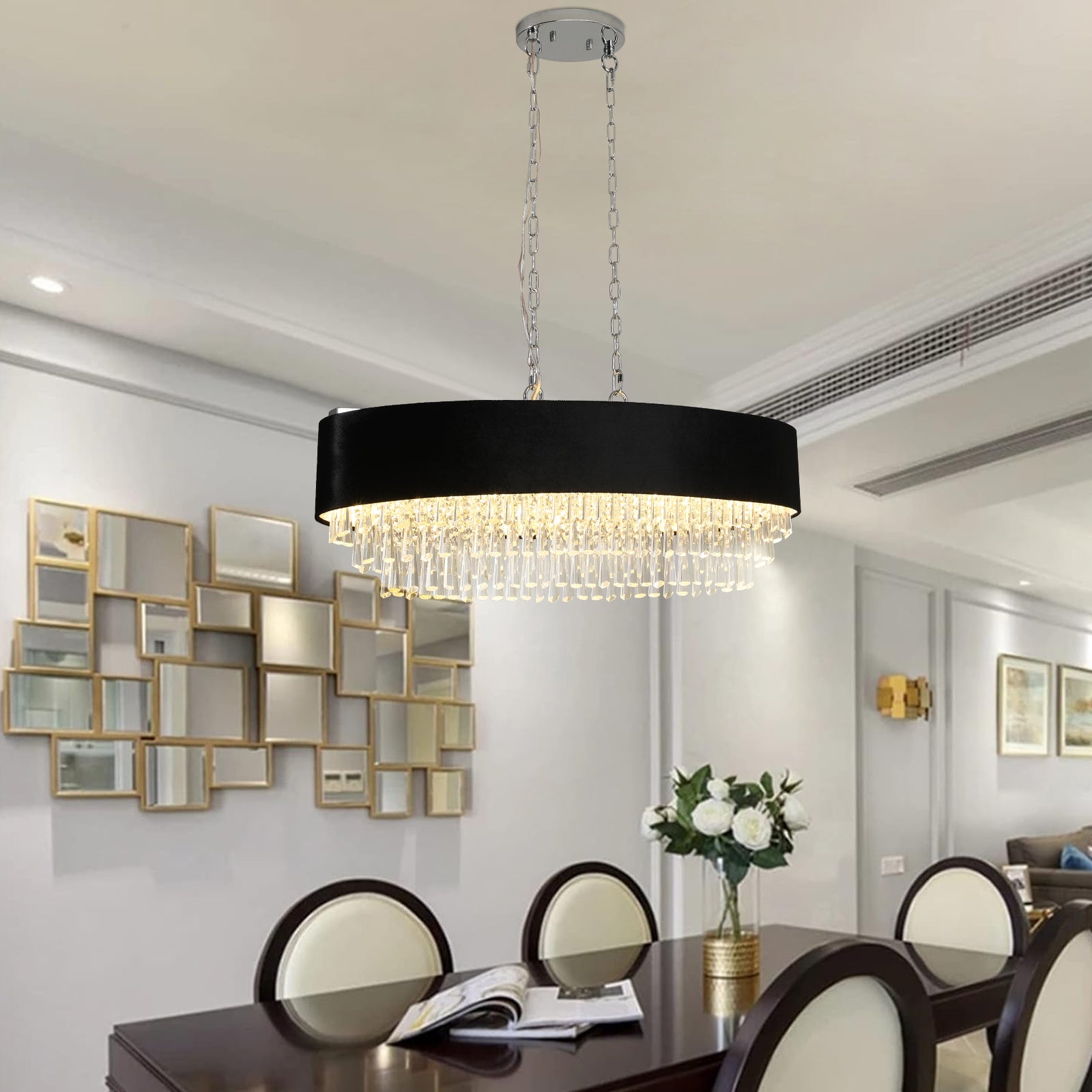Chandelier, Linear Crystal, 8-Light Dimmable, Black Chrome