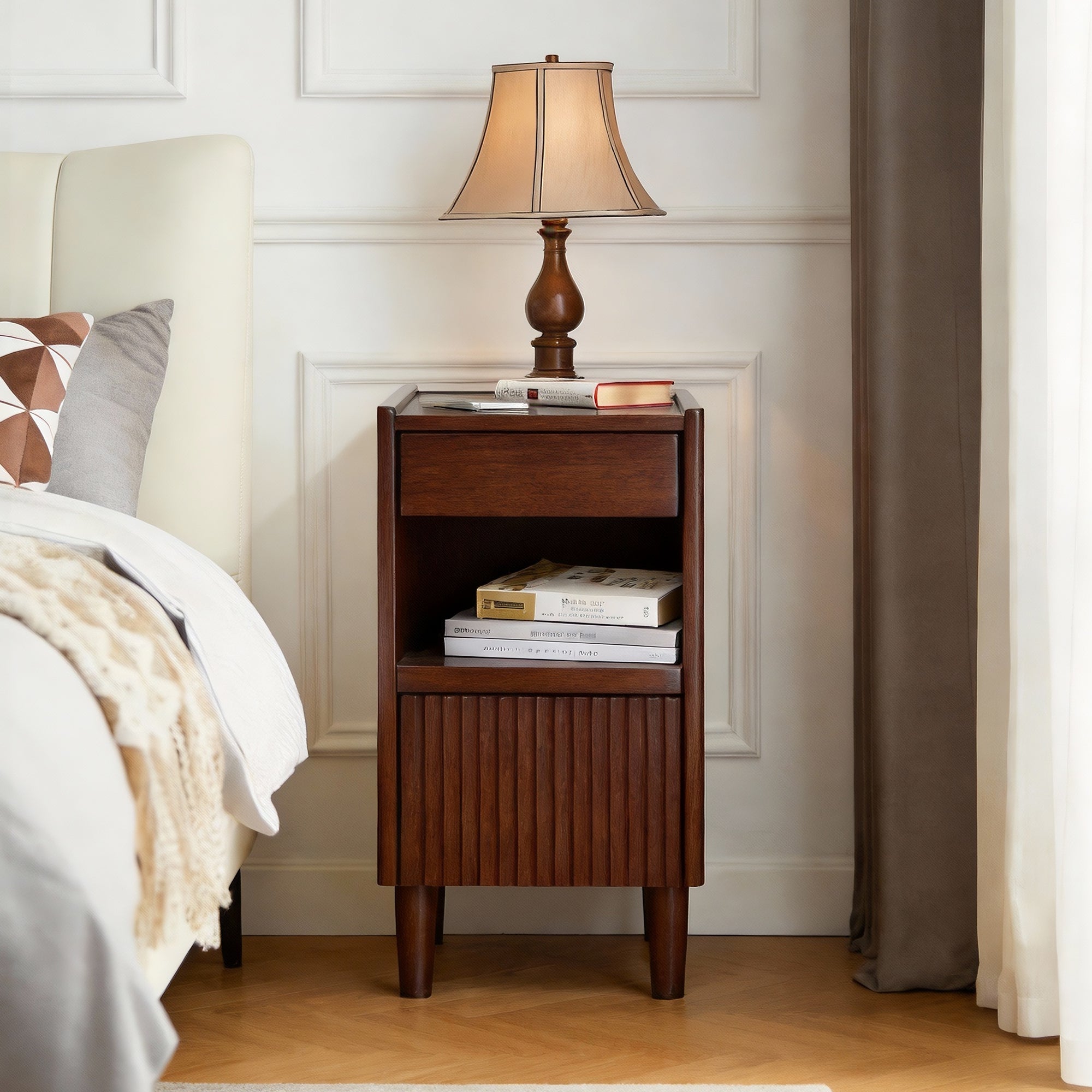 Narrow Solid Wood Nightstand with Drawer, Walnut Finish