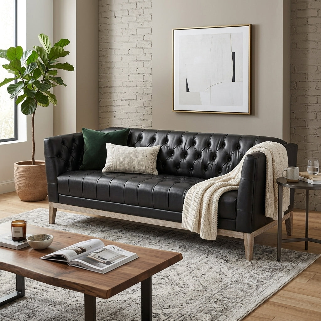 Black Vegan Leather 3-Seat Chesterfield Sofa, 79.1 in Wide