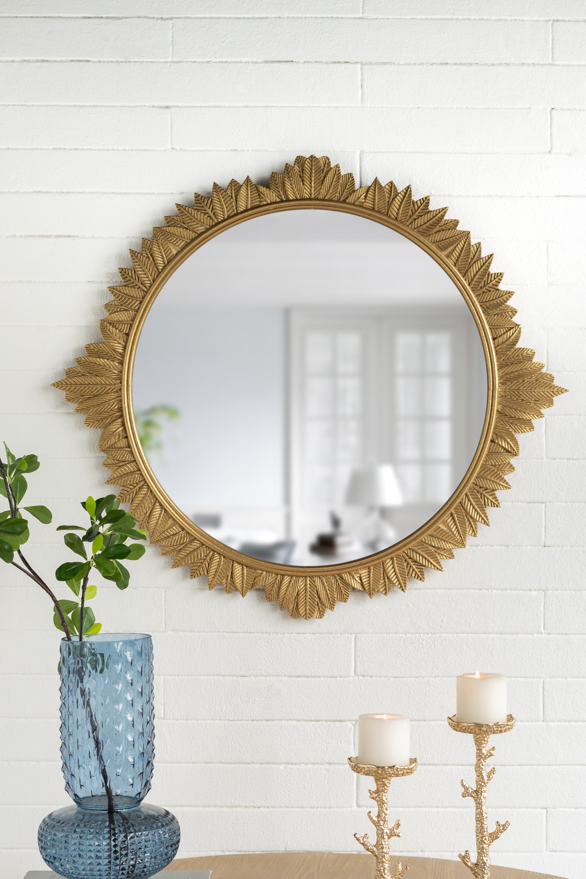 Ornate Carved Gold Round Mirror, 35.5 x 31.5 in
