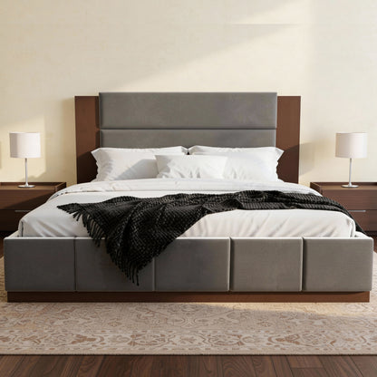 Grey velvet wooden king bed in warm bedroom with matching nightstands