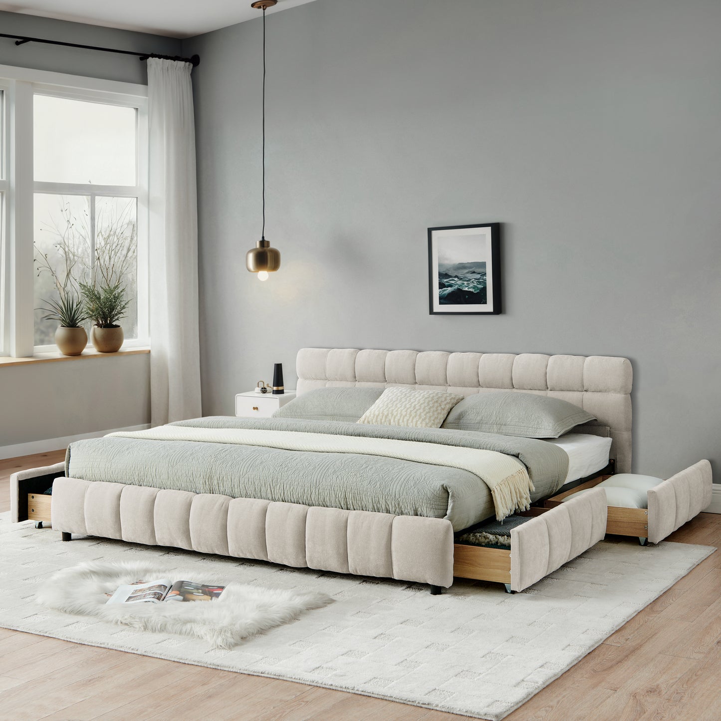 Beige chenille California king bed with open storage drawers on both sides