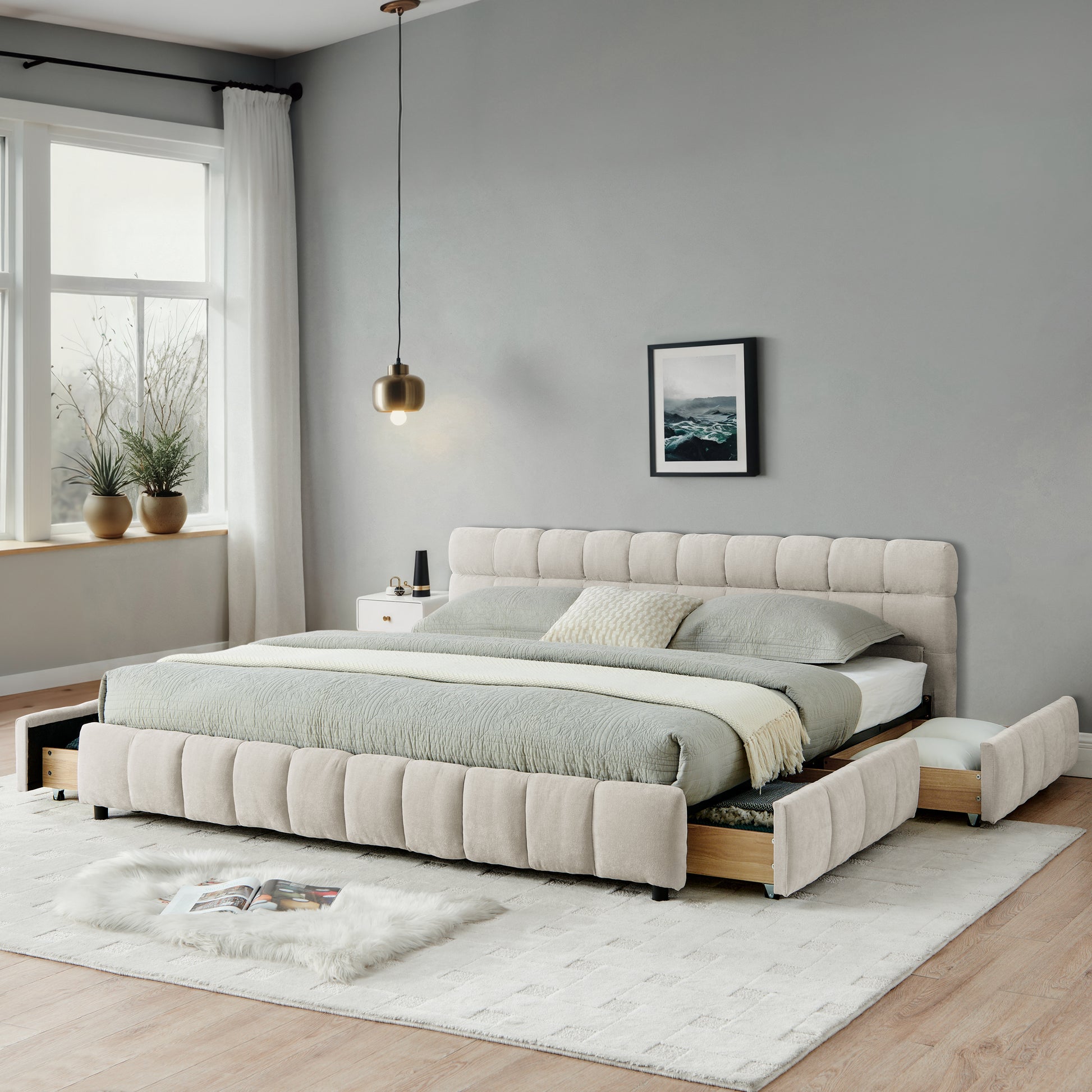 Beige chenille California king bed with open storage drawers on both sides