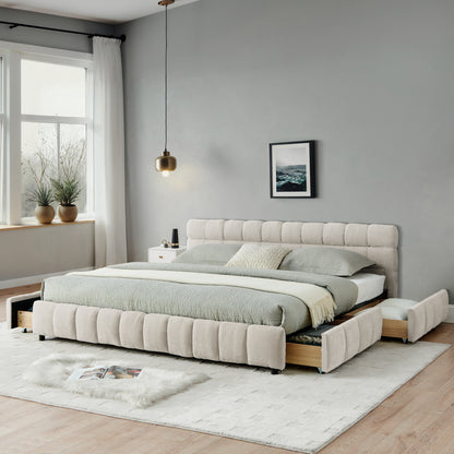Beige chenille California king bed with open storage drawers on both sides