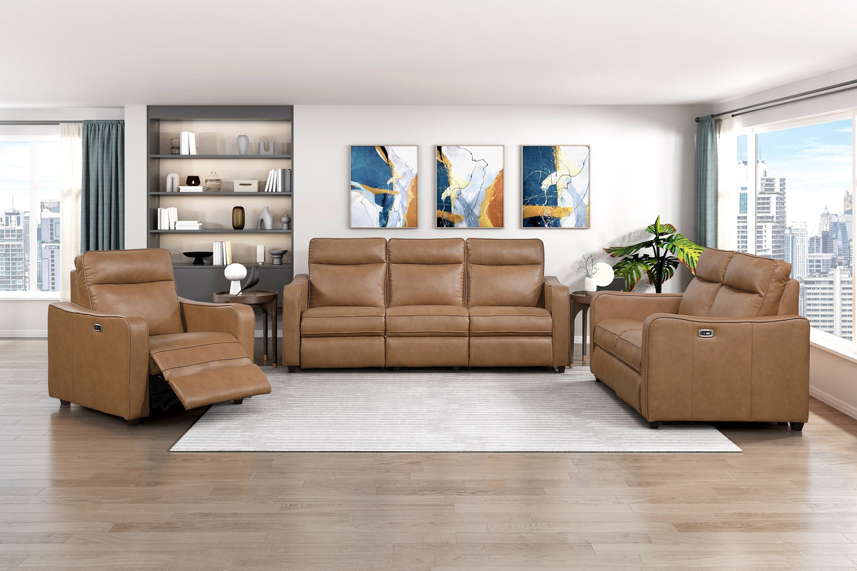 Brown Vegan Leather Power 3-Piece Reclining Set, Curved Track Arms