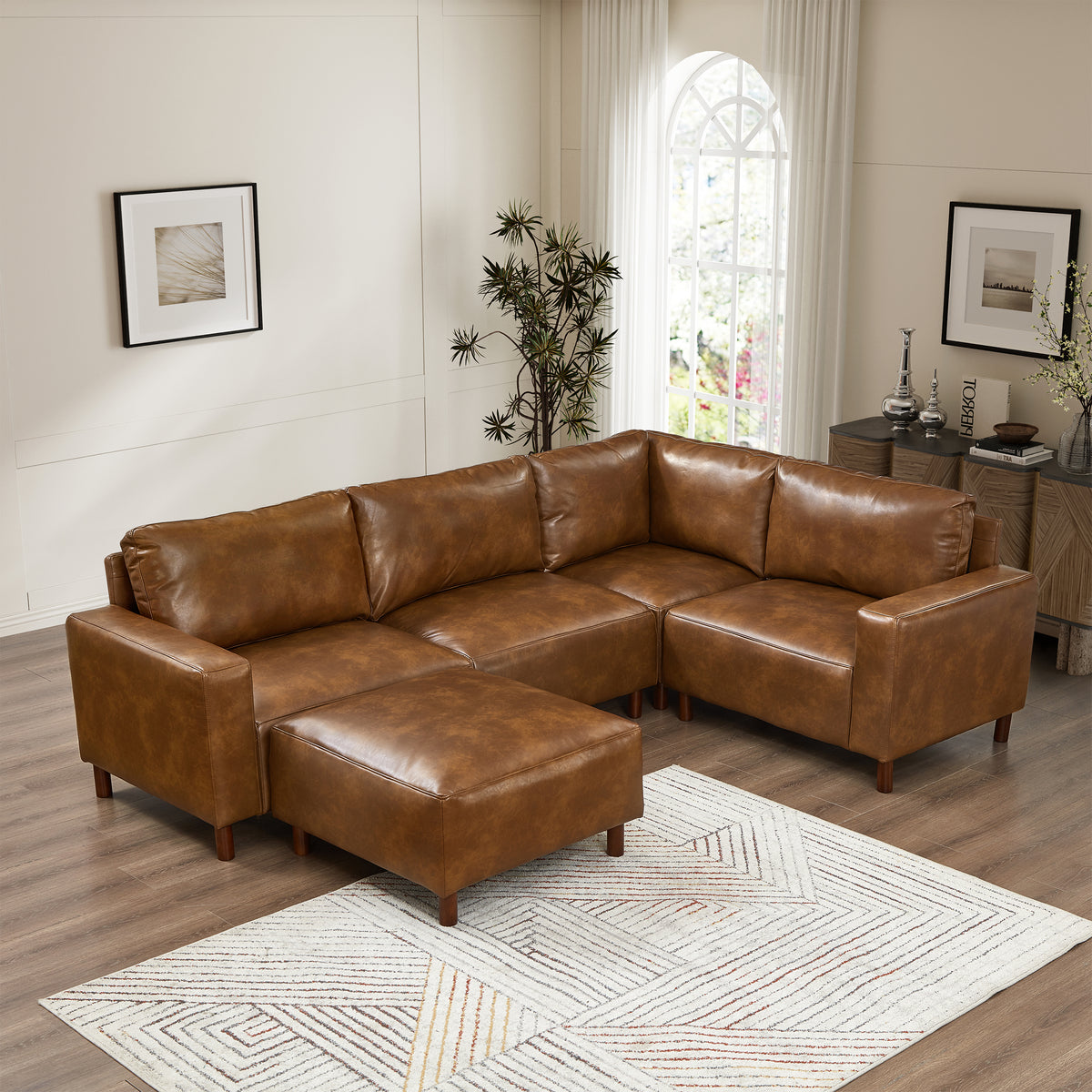 Brown Vegan Leather Modular Sectional, 104 in Wide, 4-Seat