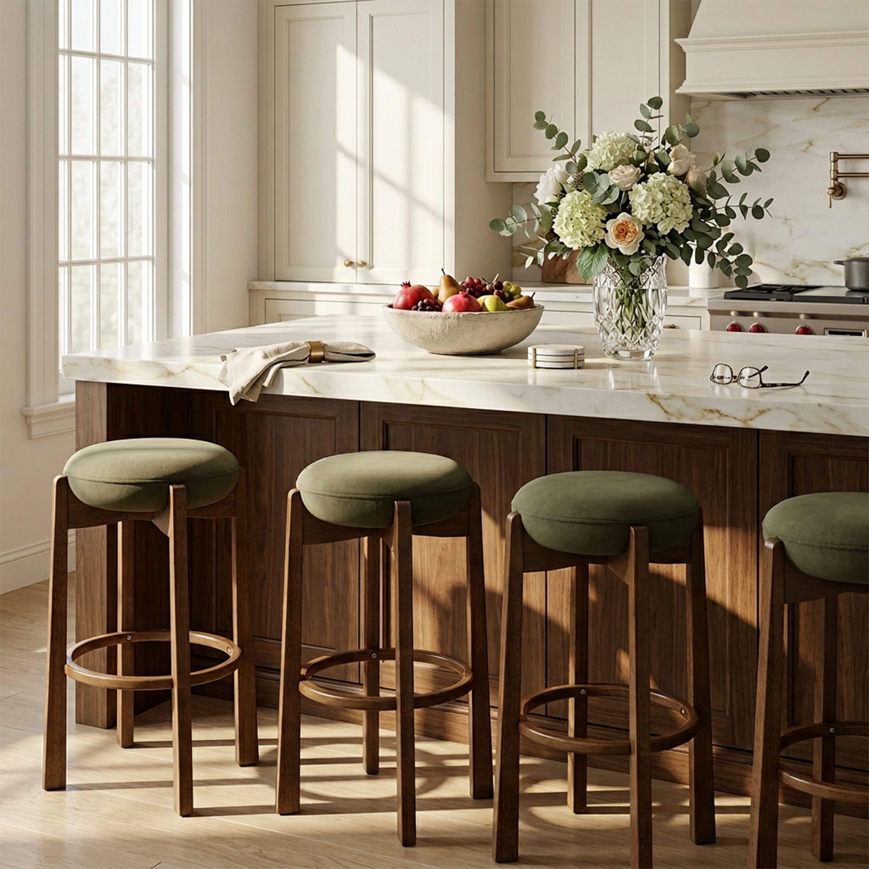Bar Stool Set of 4, Backless Green Velvet with Walnut Wood Legs