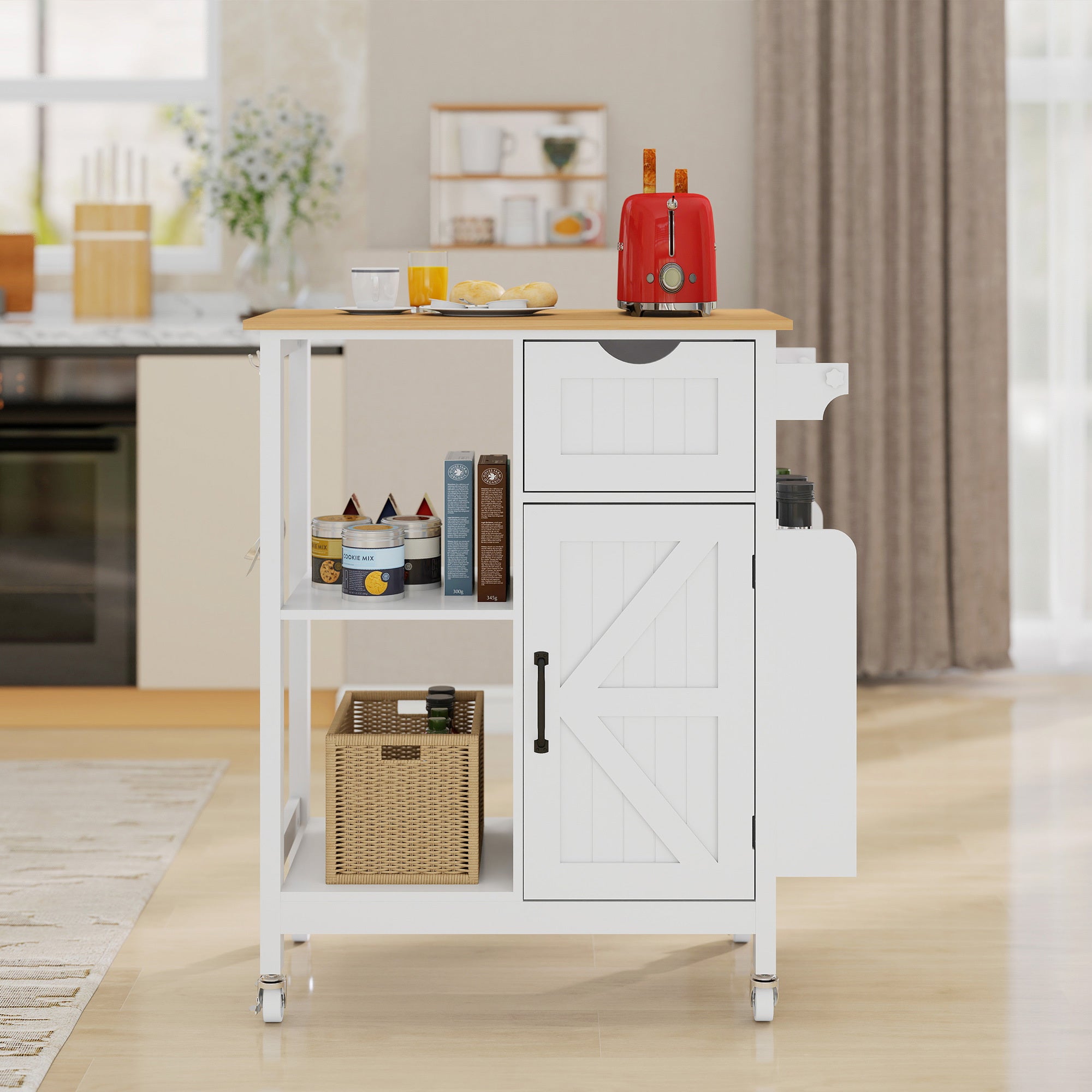 Rolling Kitchen Island Cart with Barn Door & Spice Rack, White