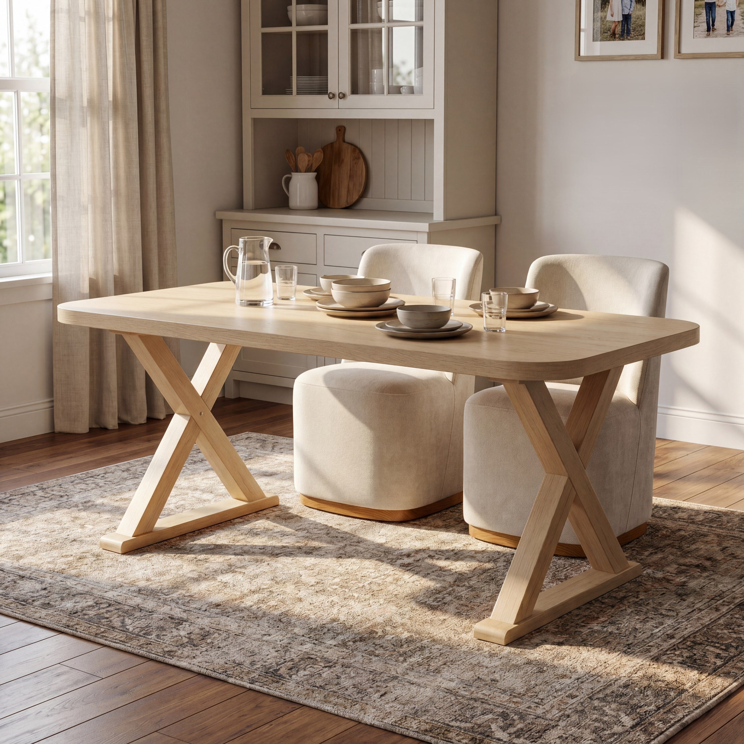 Natural oak X-leg dining table with boucle seating staged near a white hutch in a bright room