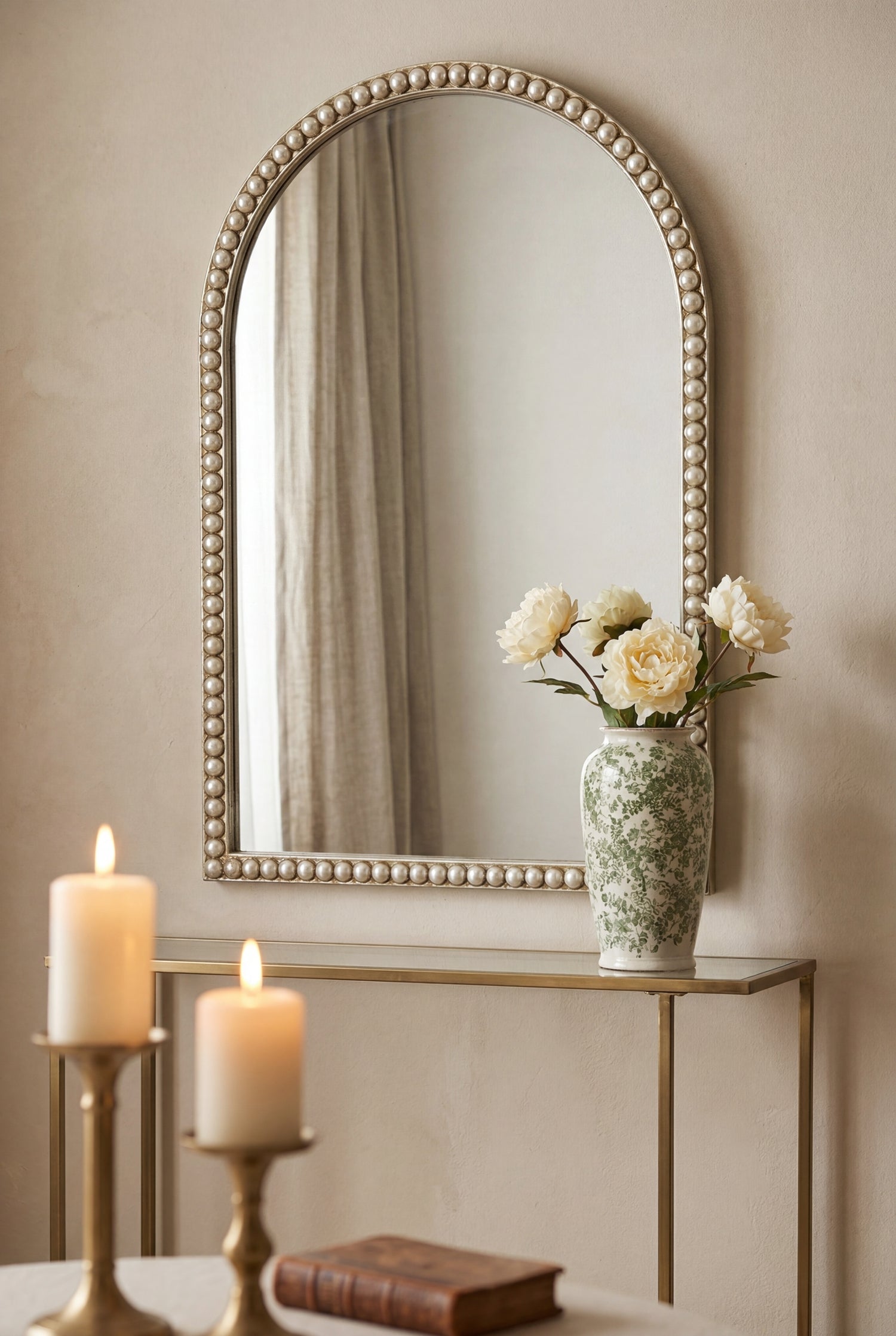 Beaded Arched Mirror, 24 x 35.8 in, Silver