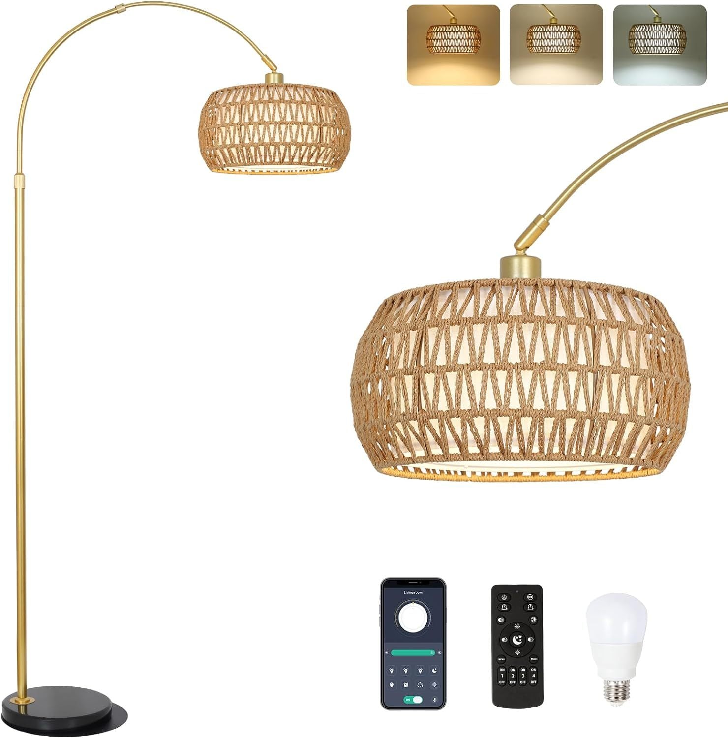 Floor Lamp, Rattan and Metal, Dimmable with Remote, Brown and Black