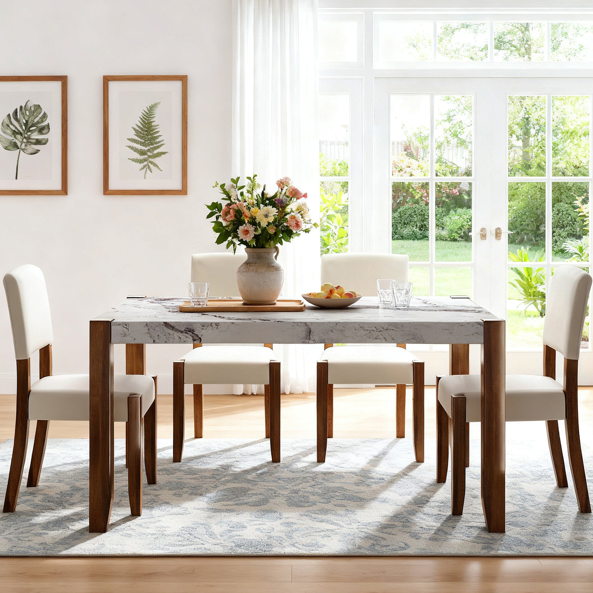 White faux marble dining table set with four cream upholstered chairs in a bright dining room