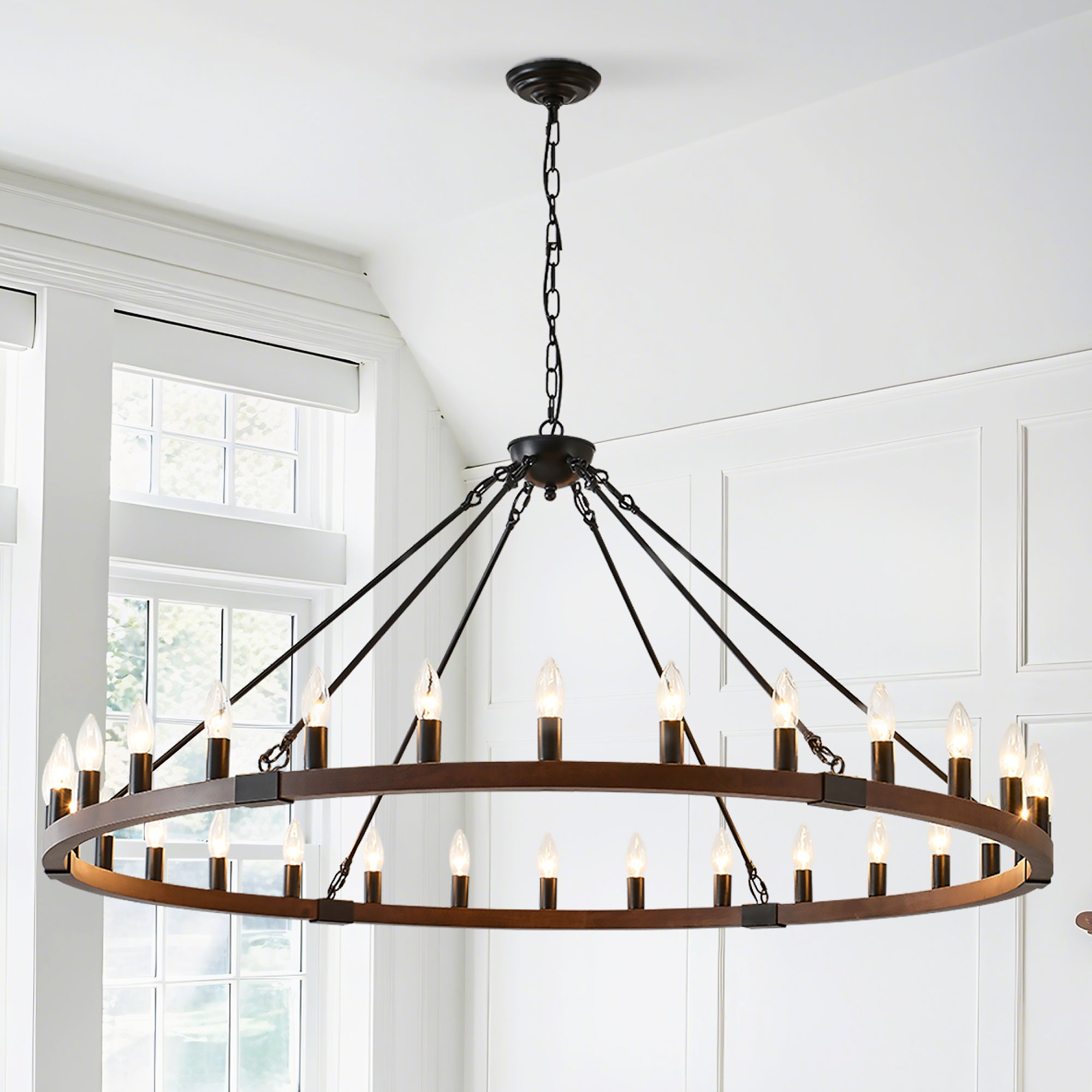 Chandelier, 12-Light Large Wagon Wheel Wood, Matte Black