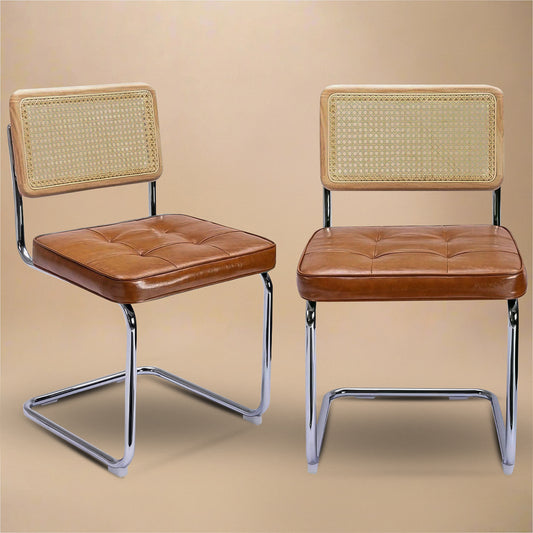 Rattan Dining Chairs – Set of 2, Brown Vegan Leather with chrome legs and accent rattan backs for stylish dining.