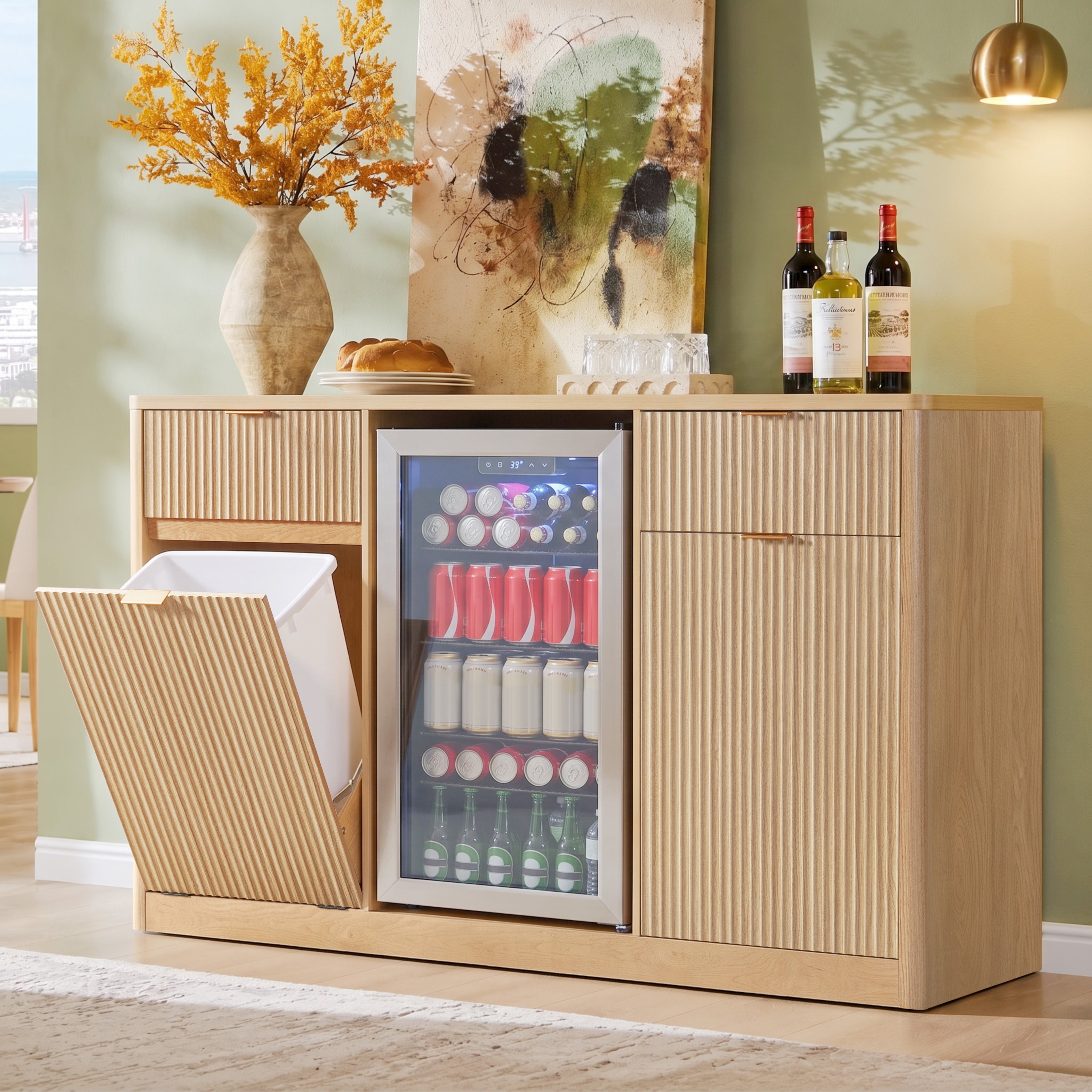 Fluted Bar Cabinet with Mini Fridge Space, 59 in, Natural Oak