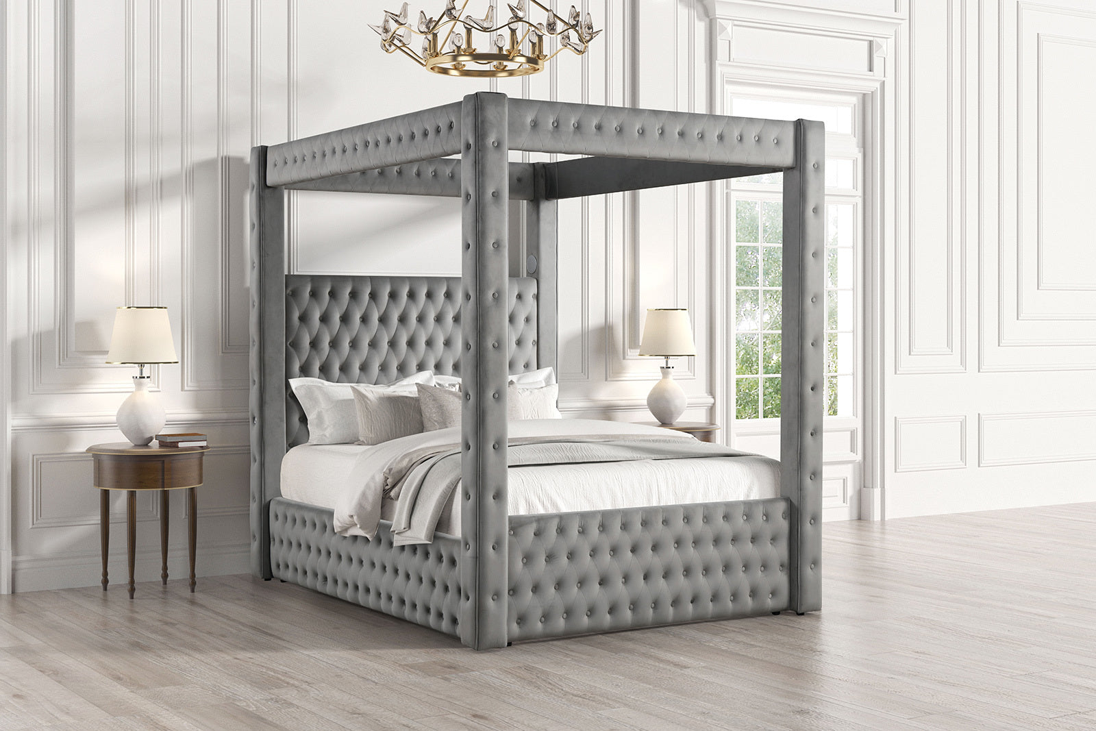 Gray Upholstered Queen Canopy Bed Frame with USB-A Charging