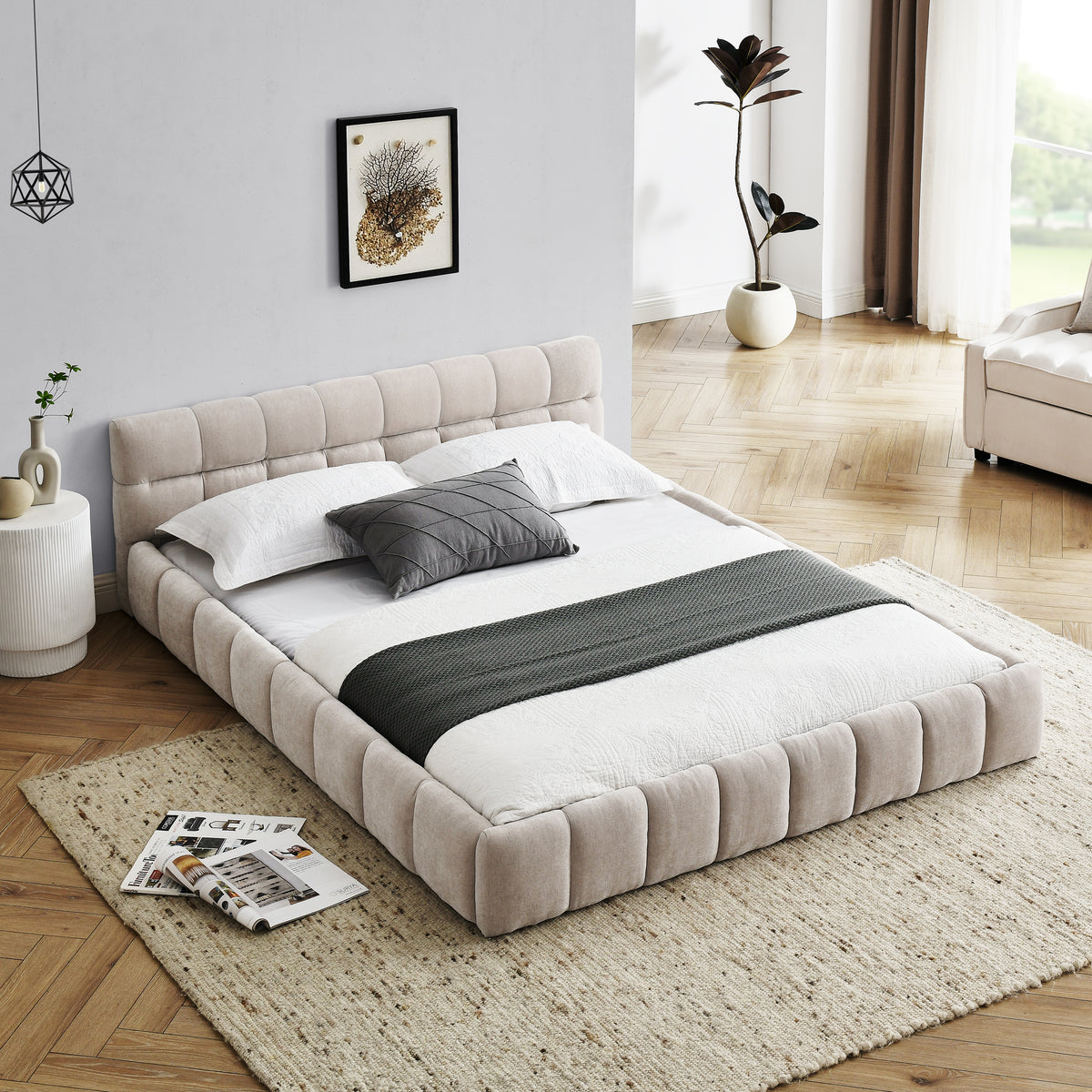 Beige chenille channel-tufted platform bed frame, angled view on white, wood slats exposed, no mattress