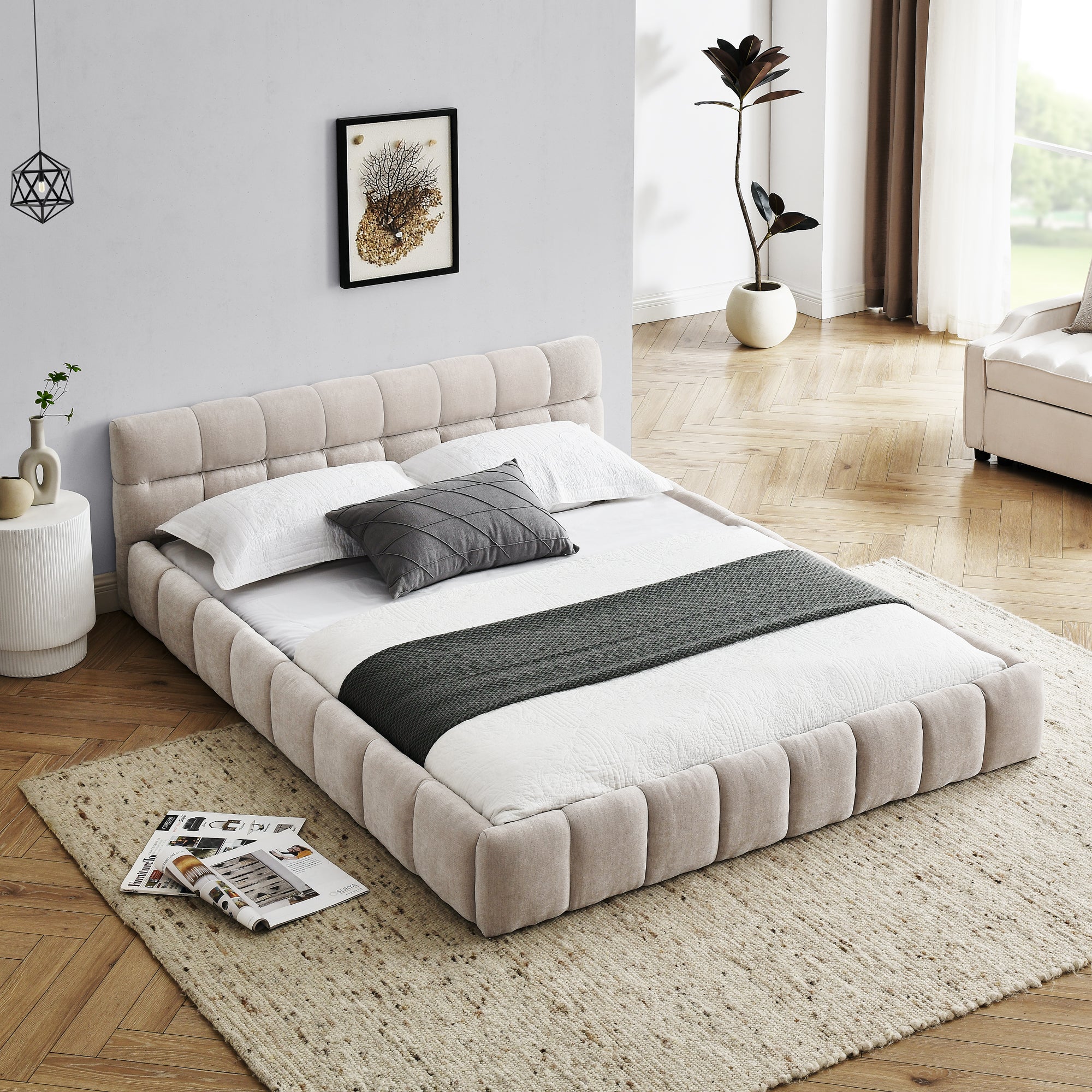 Beige chenille platform bed styled in a bedroom, angled foot view, white bedding and gray accent pillow #Color_Beige
