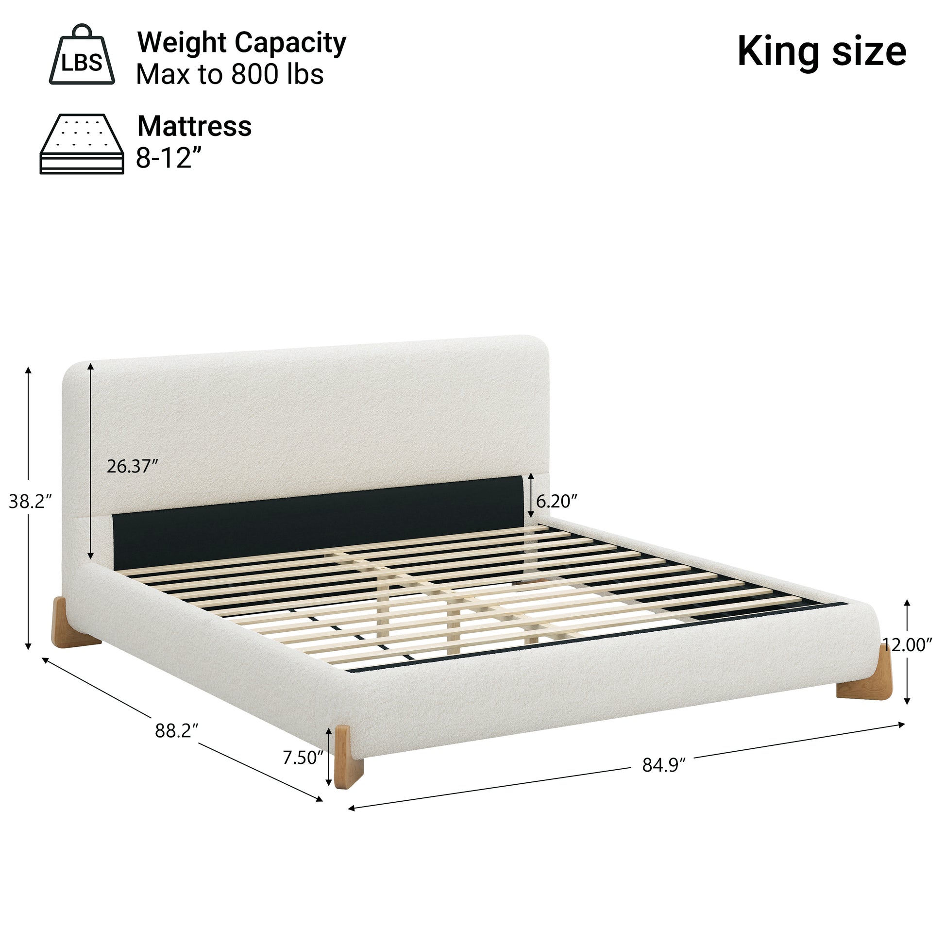 Line drawing of white boucle king bed dimensions and 800 lb weight capacity
