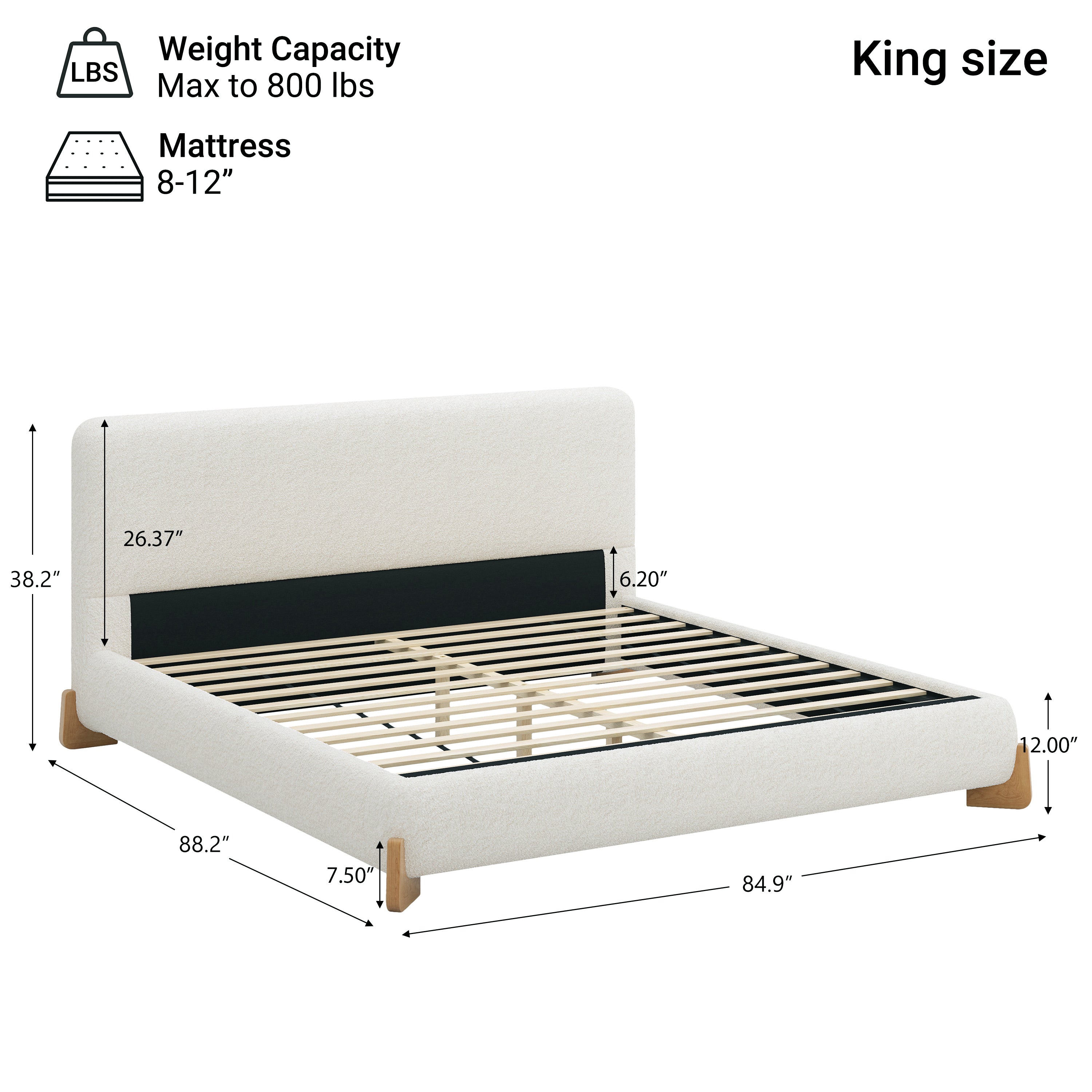 Line drawing of white boucle king bed dimensions and 800 lb weight capacity