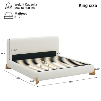 Line drawing of white boucle king bed dimensions and 800 lb weight capacity